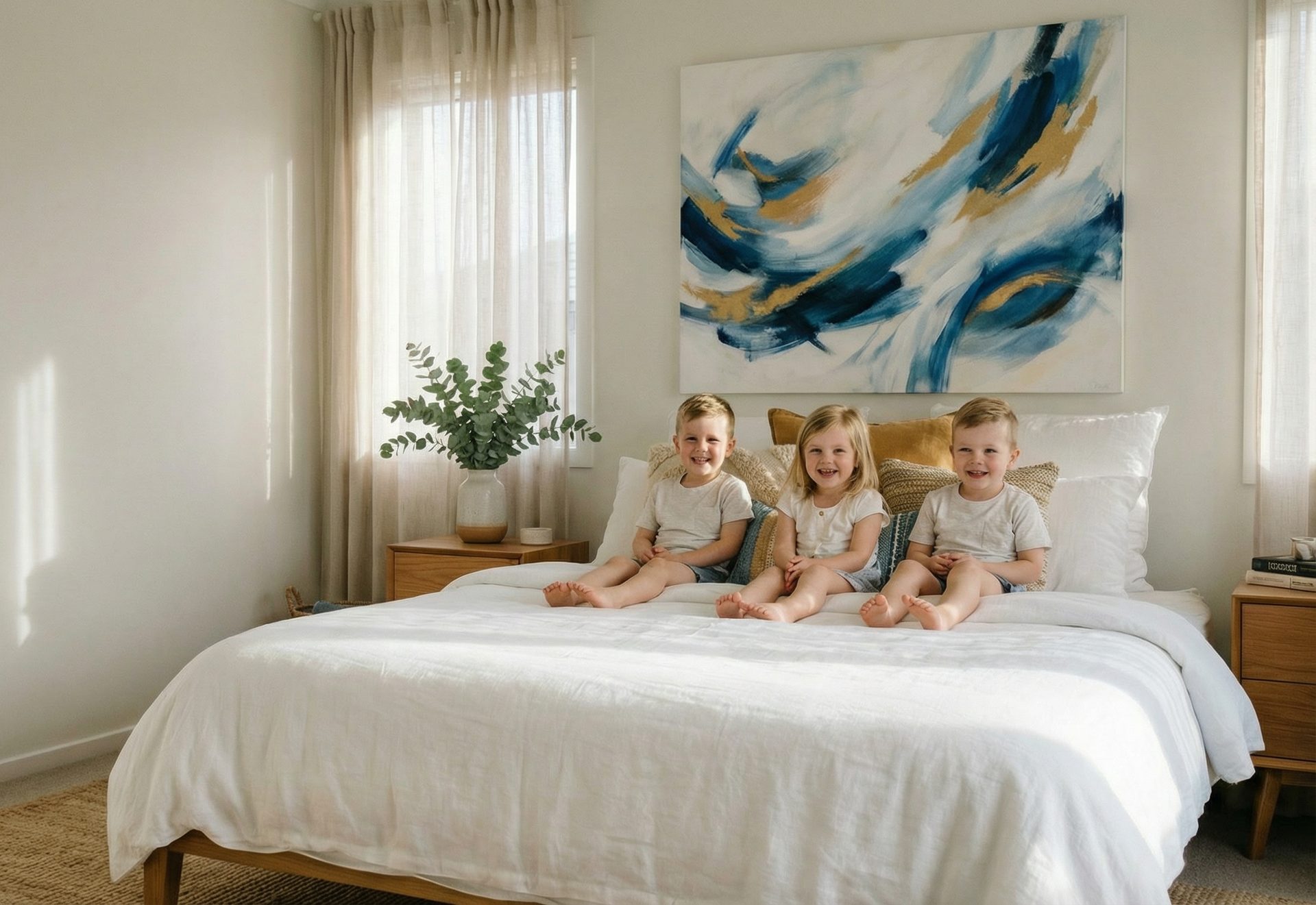 Modern bedroom with abstract wall art