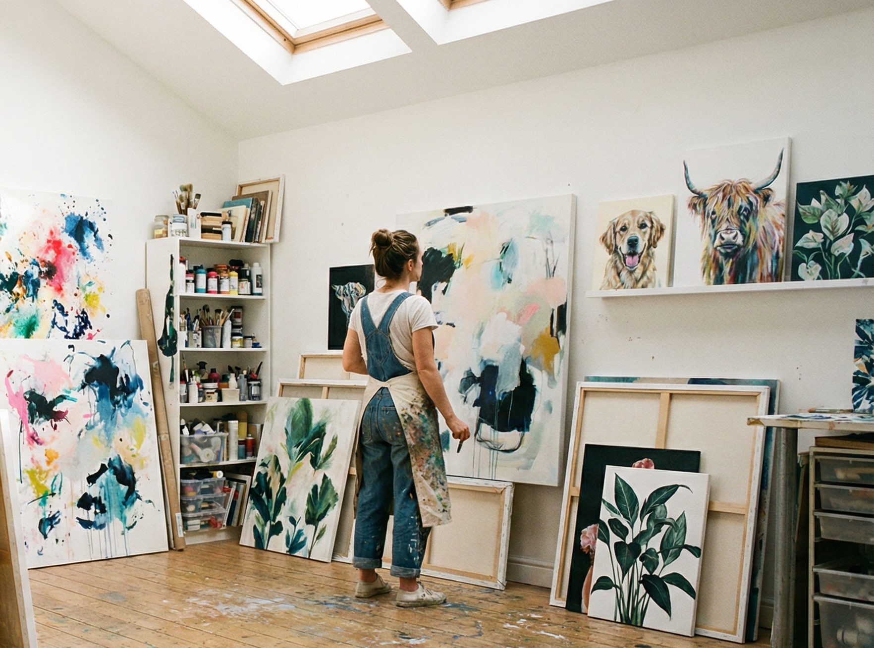 Artist studio with canvas wall art