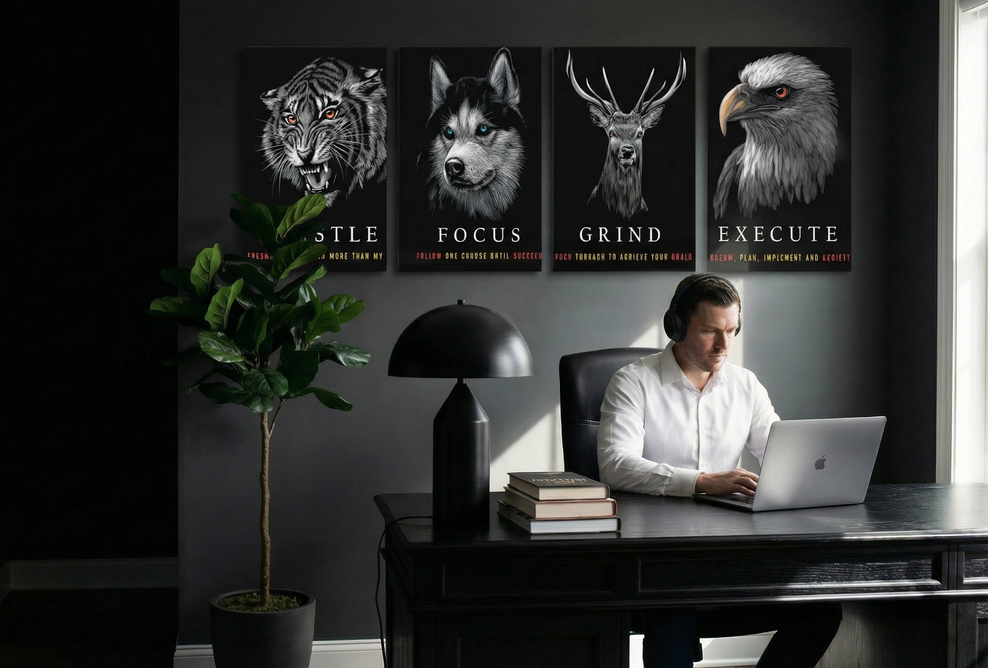 Professional office with motivational animal art prints