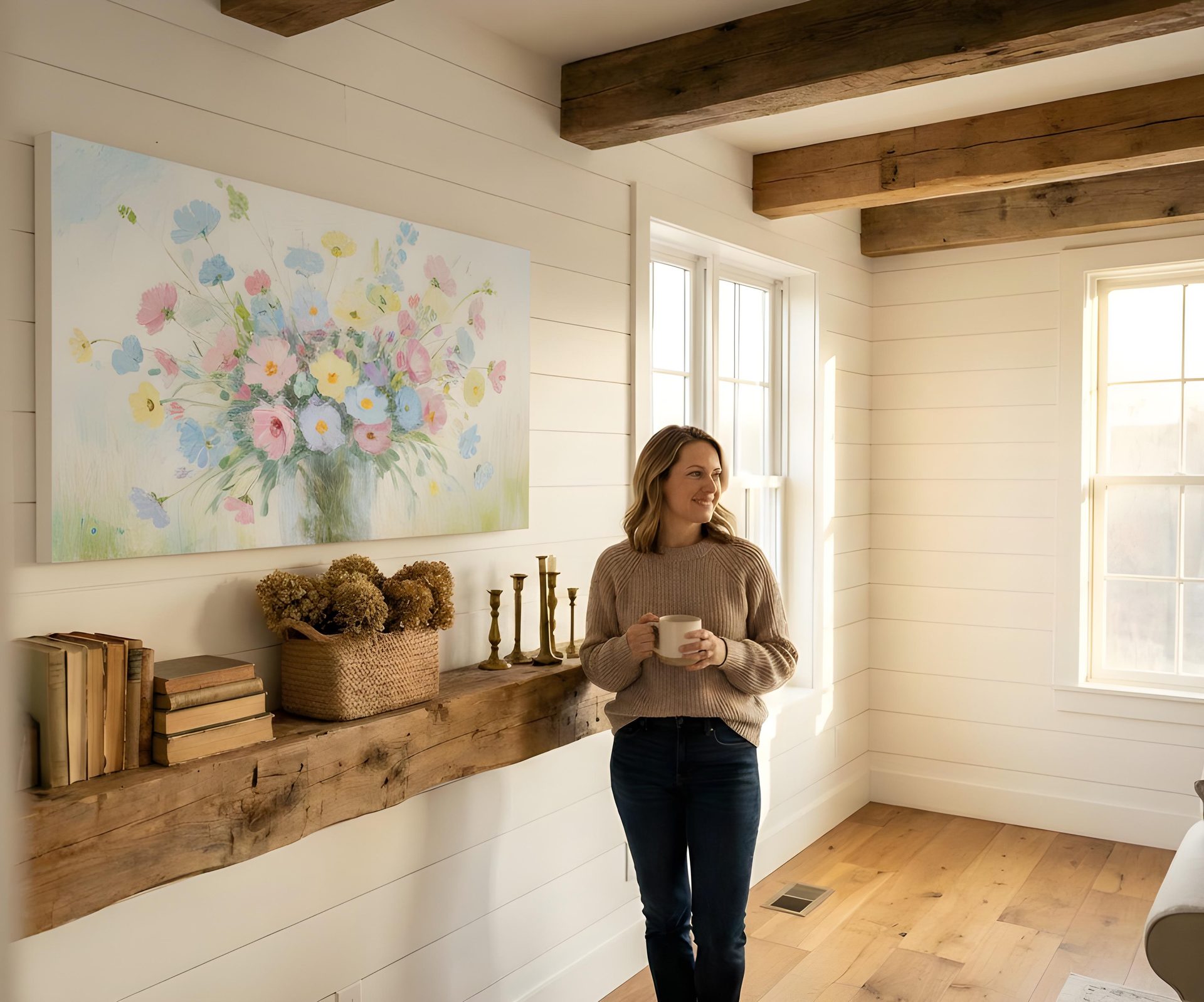 Bright farmhouse interior with floral canvas art