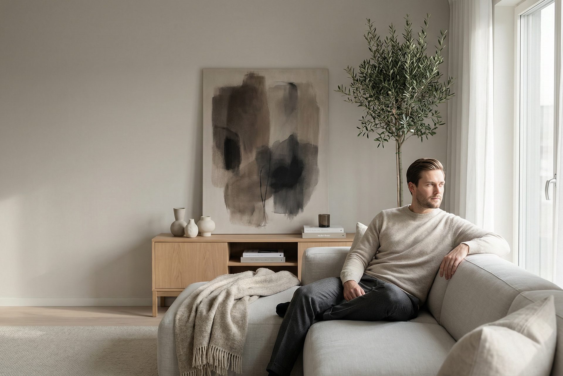 Minimalist living room with abstract wall art