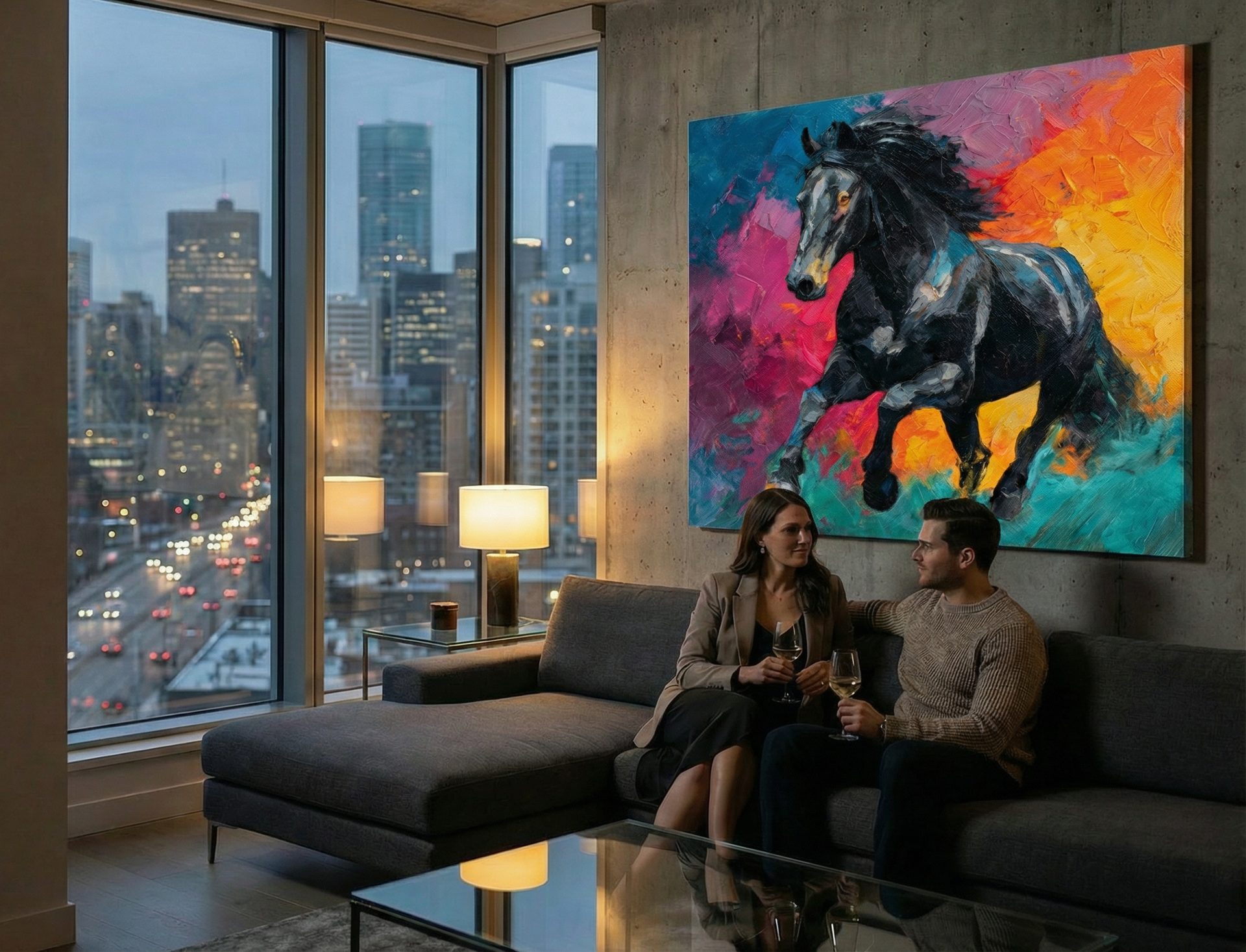 Urban loft with vibrant horse painting and city view