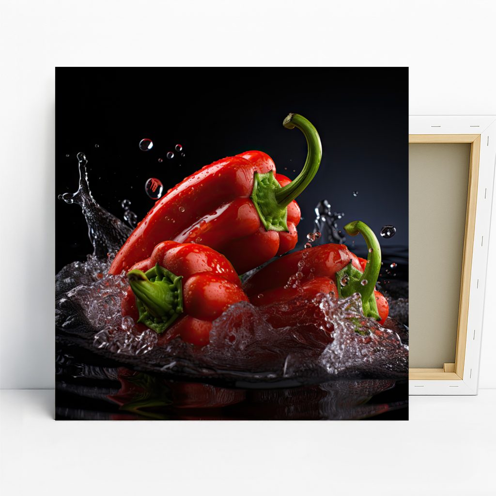 Red Pepper Splash Art, Canvas or Poster, Modern Minimalist Decor, Kitchen Dining Room Wall Art, Red Green Black, Contemporary Foodie Gift