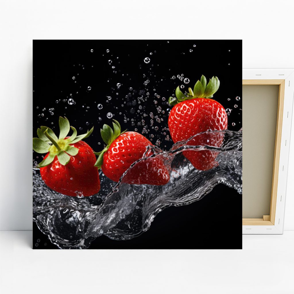 Strawberry Splash Art, Canvas or Poster, Nature Modern Minimalist Decor, Kitchen Dining Living Room Wall Art, Red Black