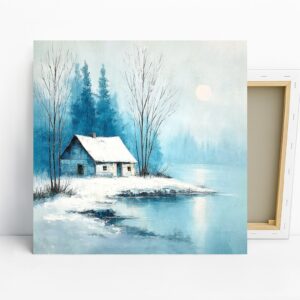 Winter Cabin Lake Art