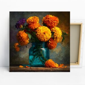 Marigolds in Teal Jar Art