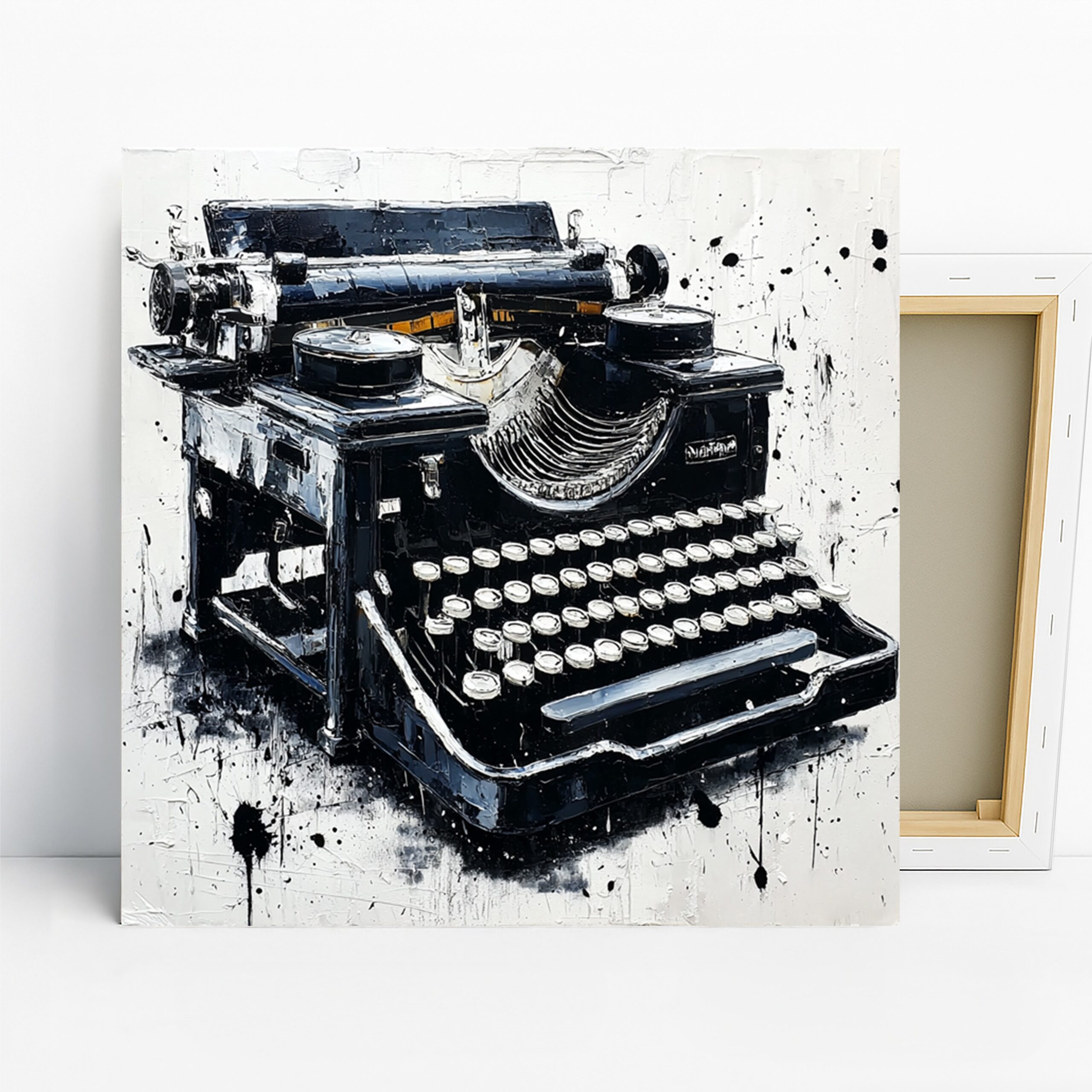 Vintage Typewriter Art, Canvas or Poster, Retro Rustic Decor, Office Library Living Room Wall Art, Black White Silver, Gift for Writers