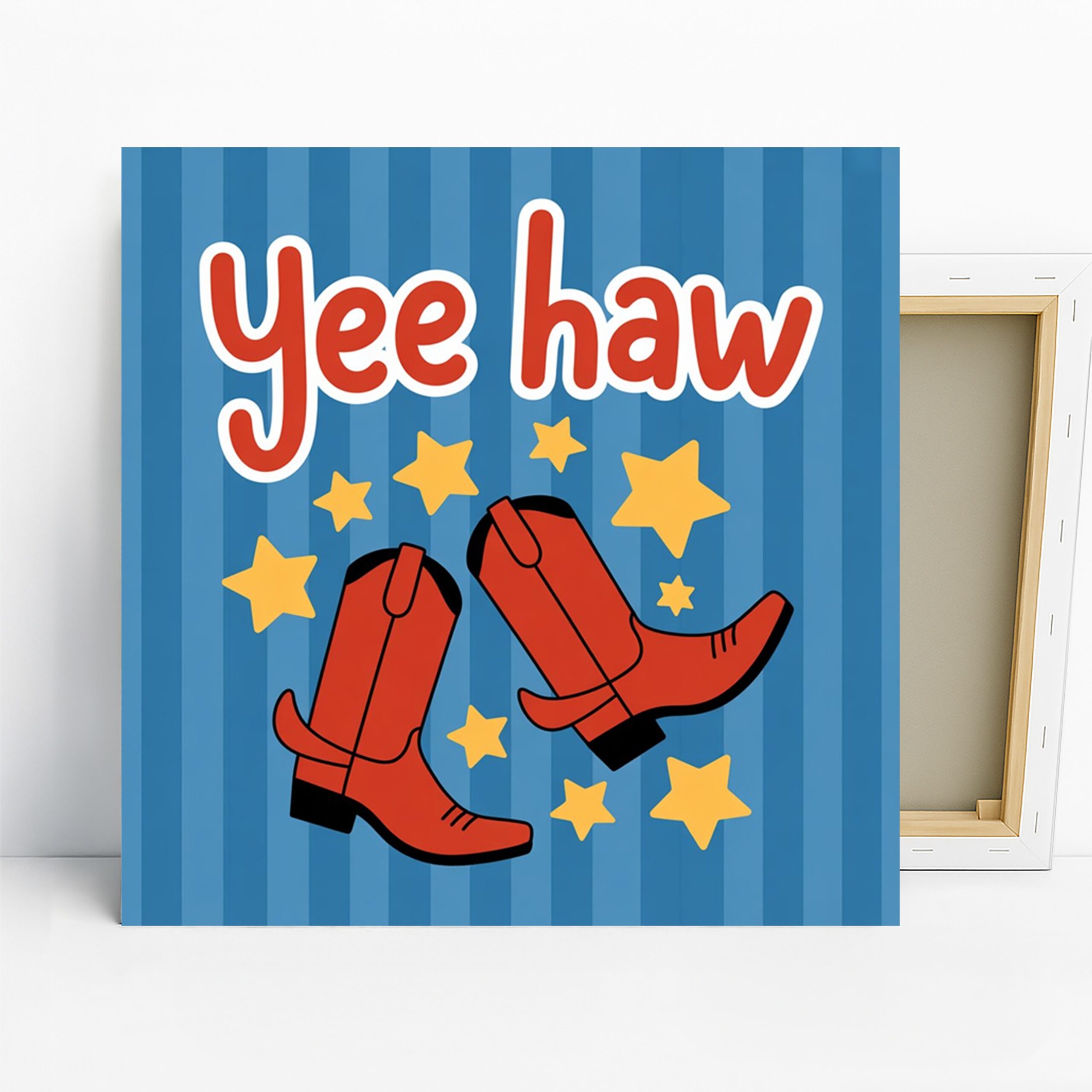 Yee Haw Cowboy Boots Art, Canvas or Poster, Retro Pop Art Decor, Living Room Bedroom Game Room Wall Art, Red Blue Yellow Colorful Print