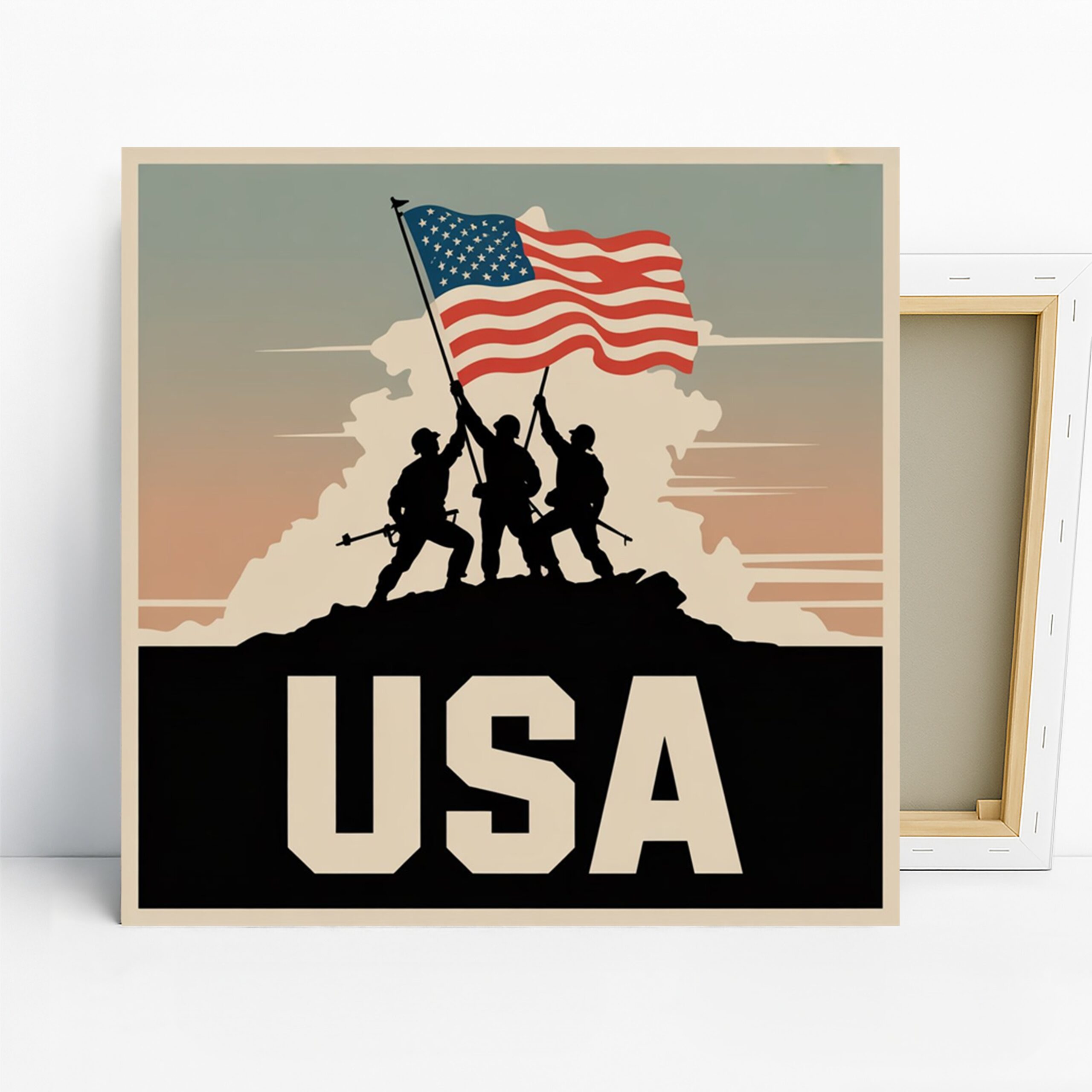 American Flag Raising Art, Canvas or Poster, Patriotic Contemporary Decor, Living Room Office Game Room Wall Art, Red White Blue Black