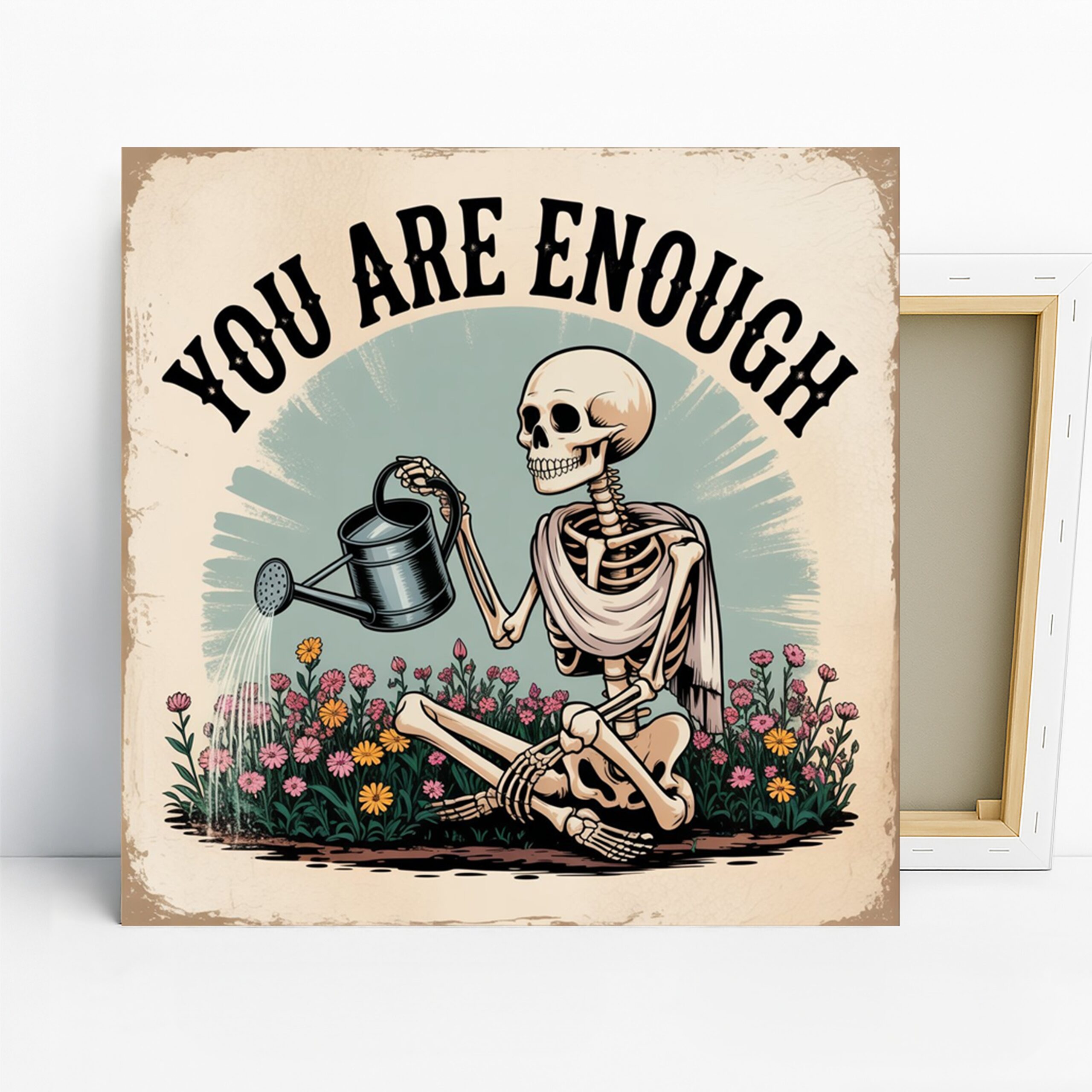 Skeleton Gardener Art, Canvas or Poster, Vintage Whimsical Decor, Living Room Bedroom Office Bathroom Wall Art, Beige Blue Pink Green