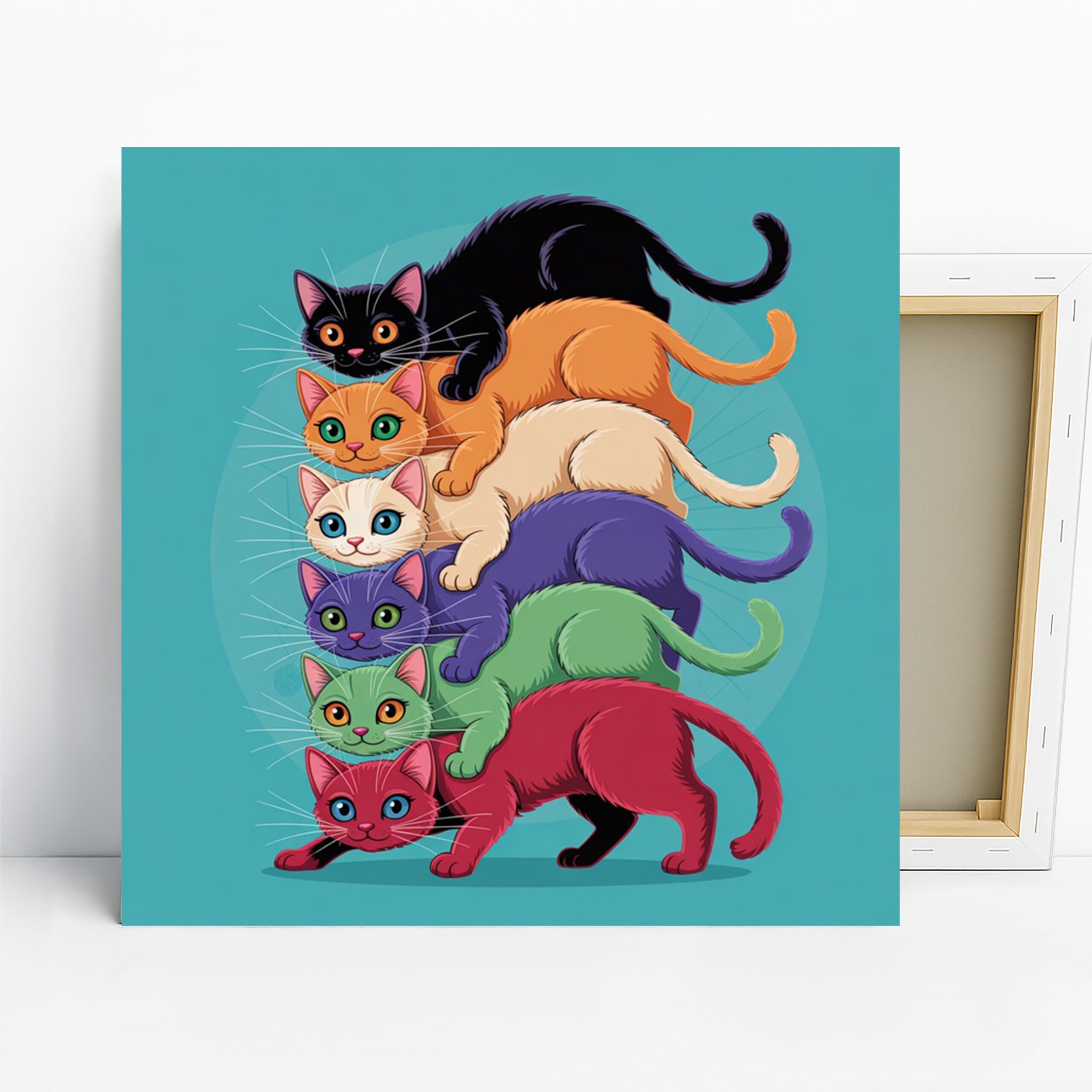 Cat Stack Art, Canvas or Poster, Whimsical Contemporary Decor, Children Room Bedroom Living Room Nursery Wall Art, Black Orange Purple Green
