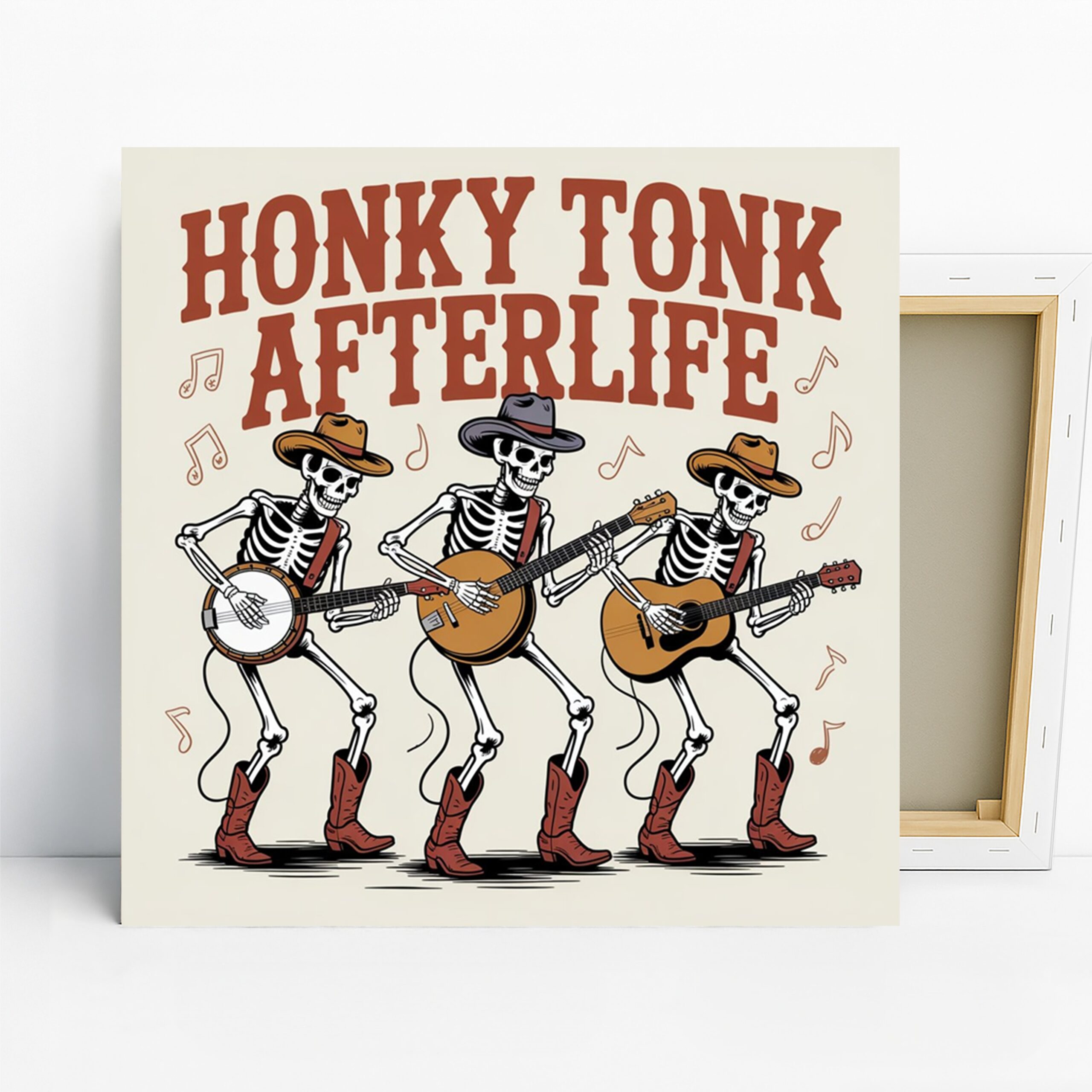 Skeleton Country Band Art, Canvas or Poster, Retro Whimsical Decor, Living Room Game Room Home Bar Wall Art, Brown Red White Black