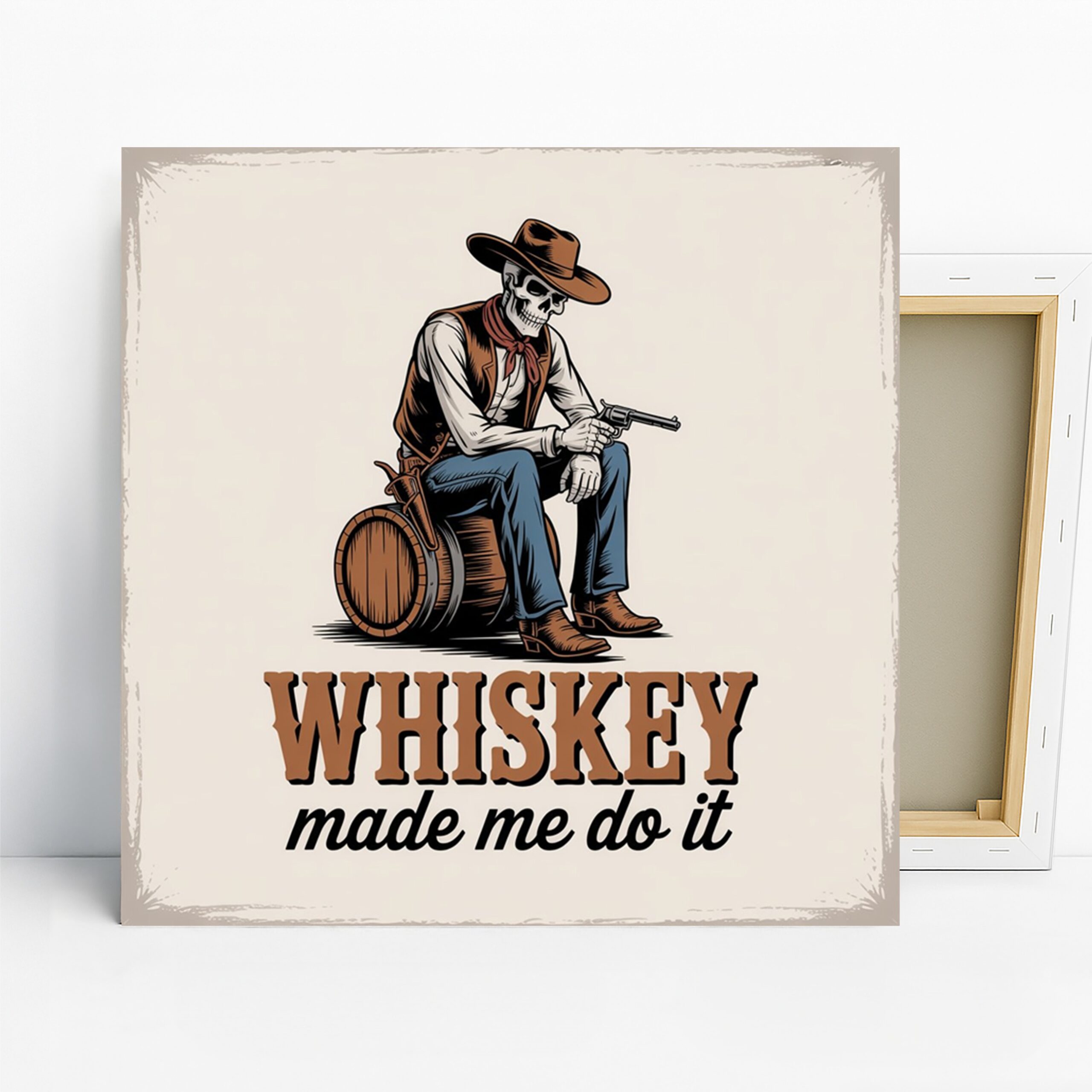 Whiskey Cowboy Skeleton Art, Canvas or Poster, Vintage Western Rustic Decor, Home Bar Game Room Living Room Office Wall Art,Brown White Blue