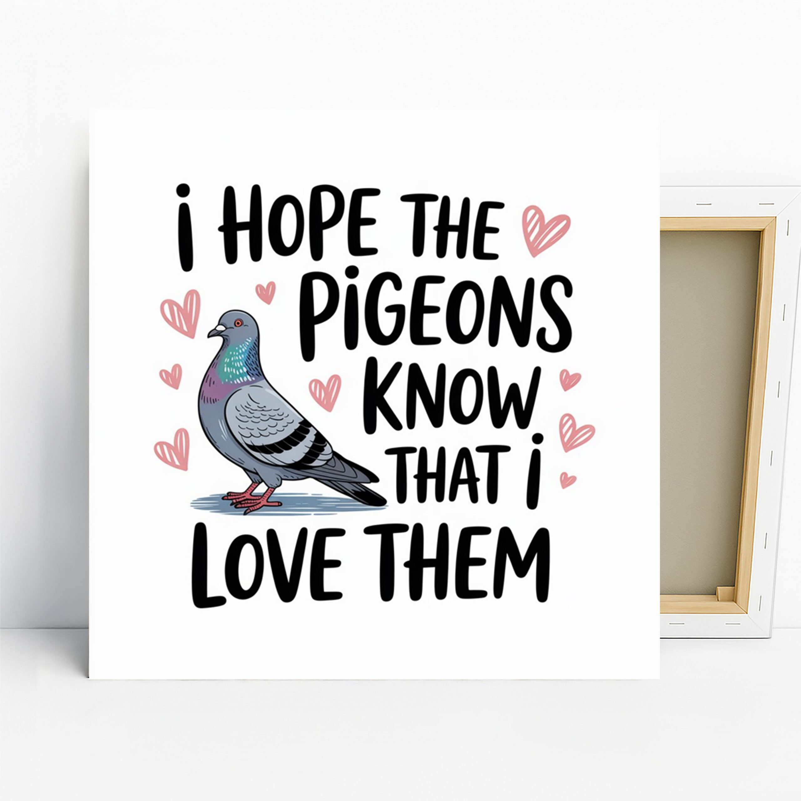 Pigeon Love Art, Canvas or Poster, Whimsical Contemporary Decor, Living Room Bedroom Office Children’s Room Wall Art, Black Pink White Gray
