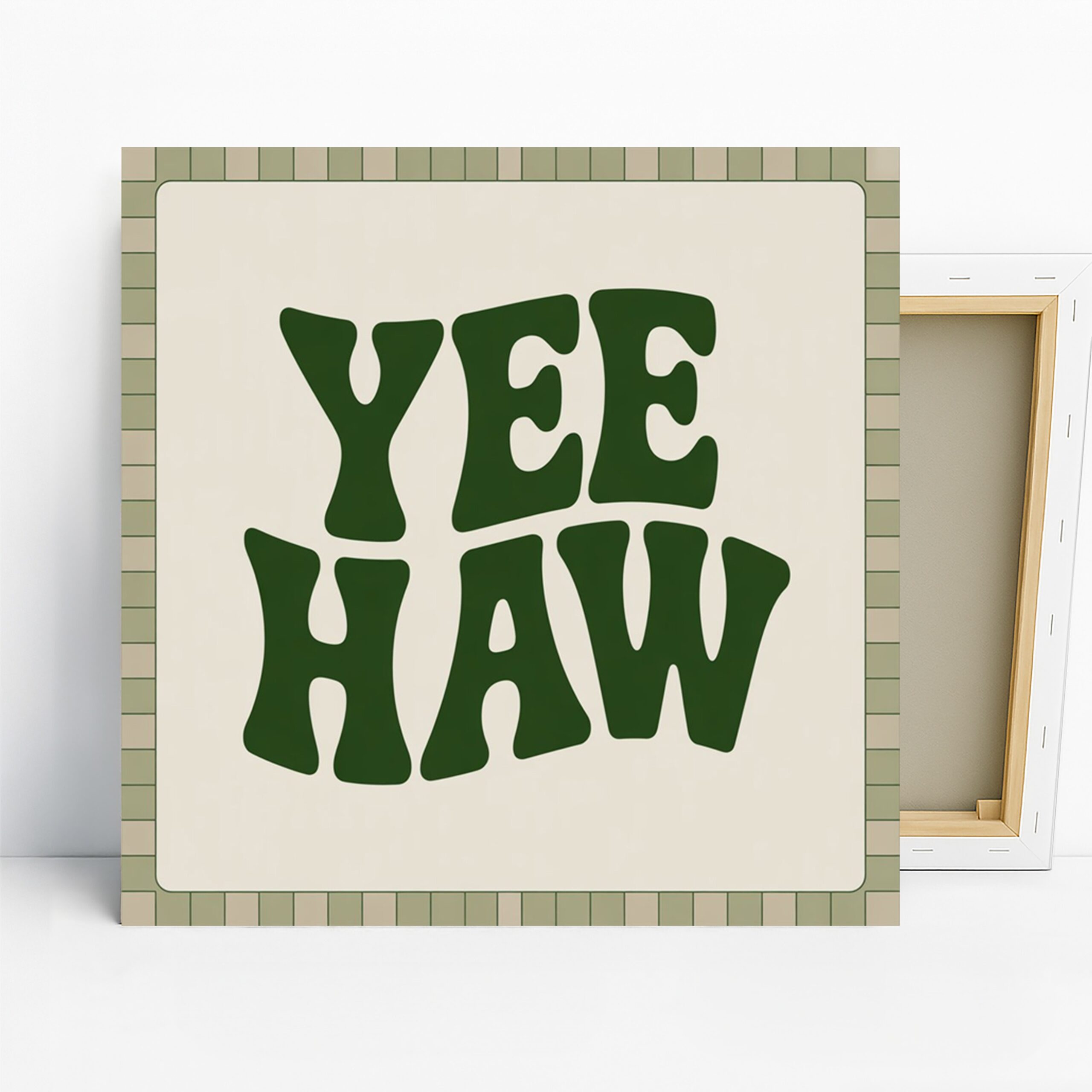 Yee Haw Retro Text Art, Canvas or Poster, Whimsical Bohemian Vintage Decor, Living Room Bedroom Home Office Wall Art, Green Beige Brown