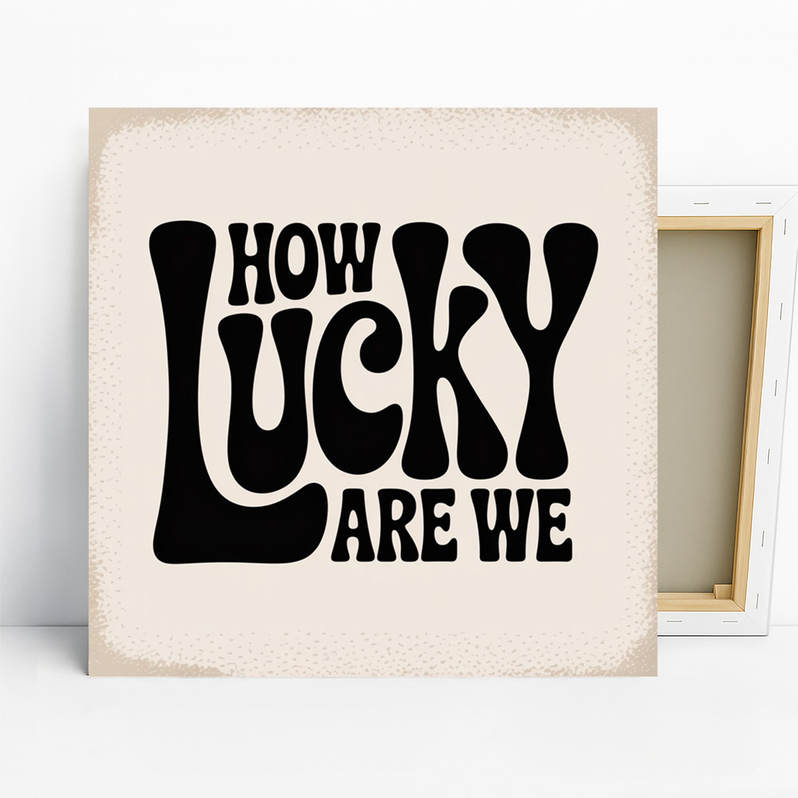 Lucky Retro Typography Art, Canvas or Poster, Whimsical Modern Decor, Living Room Office Bedroom Game Room Wall Art, Black White Beige