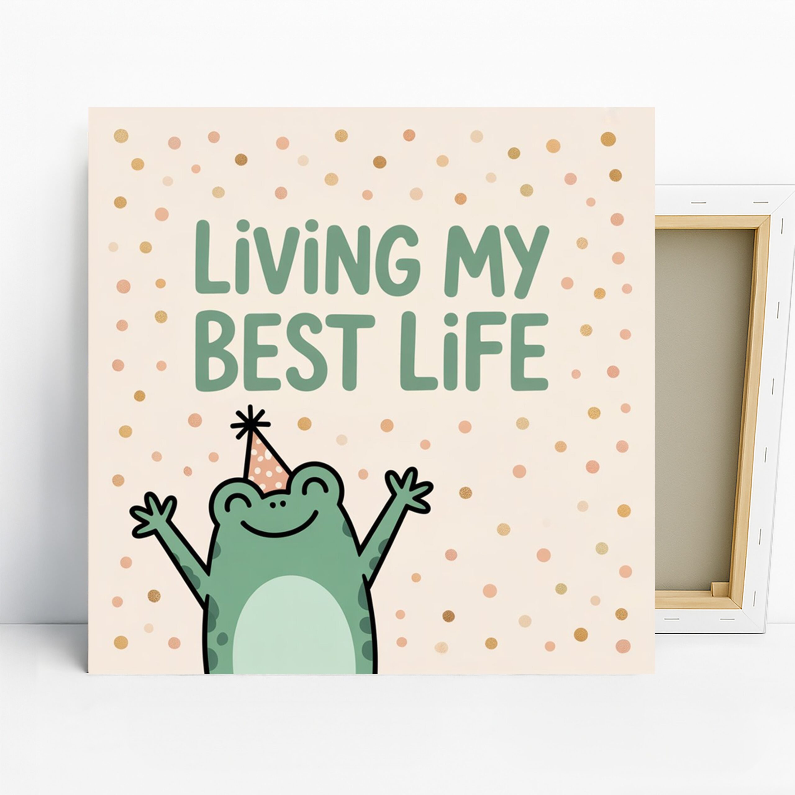 Frog Party Hat Art, Canvas or Poster, Whimsical Contemporary Decor, Bedroom Living Room Children Room Office Wall Art, Green Beige Gold Pink
