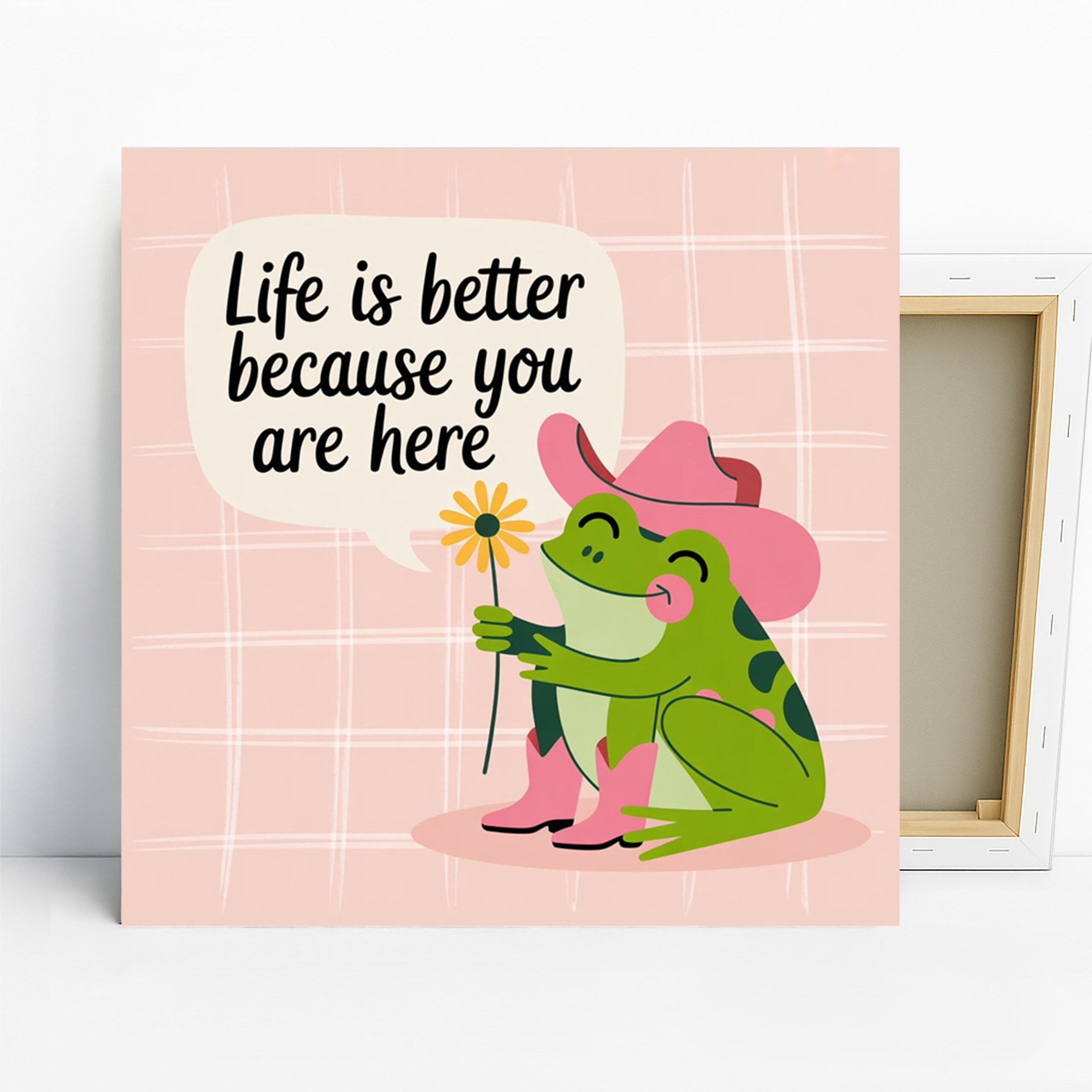 Cowboy Frog Art, Canvas or Poster, Whimsical Animal Decor, Children’s Room Nursery Living Room Bedroom Wall Art, Pink Green Yellow White