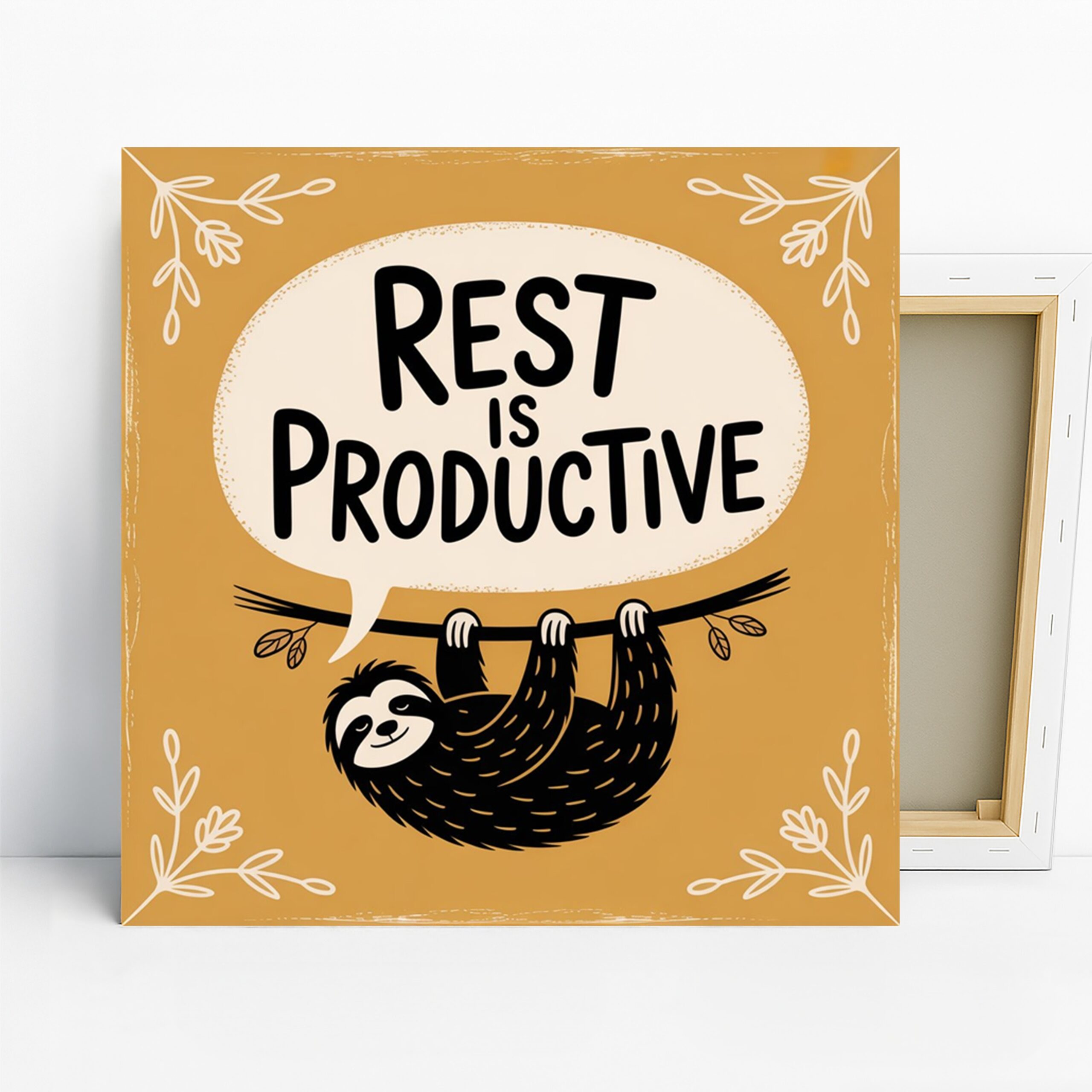 Sloth Rest Art, Canvas or Poster, Whimsical Nature Decor, Office Living Room Bedroom Wall Art, Yellow Black White and Brown