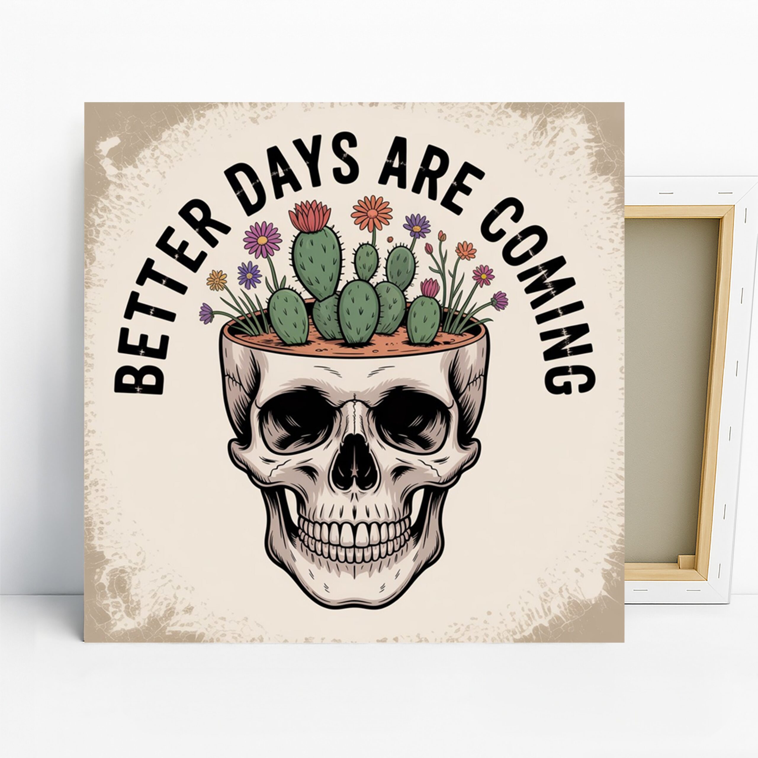 Skull Cactus Art, Canvas or Poster, Vintage Whimsical Decor, Living Room Office Bedroom Bathroom Wall Art, Green Black White Pink