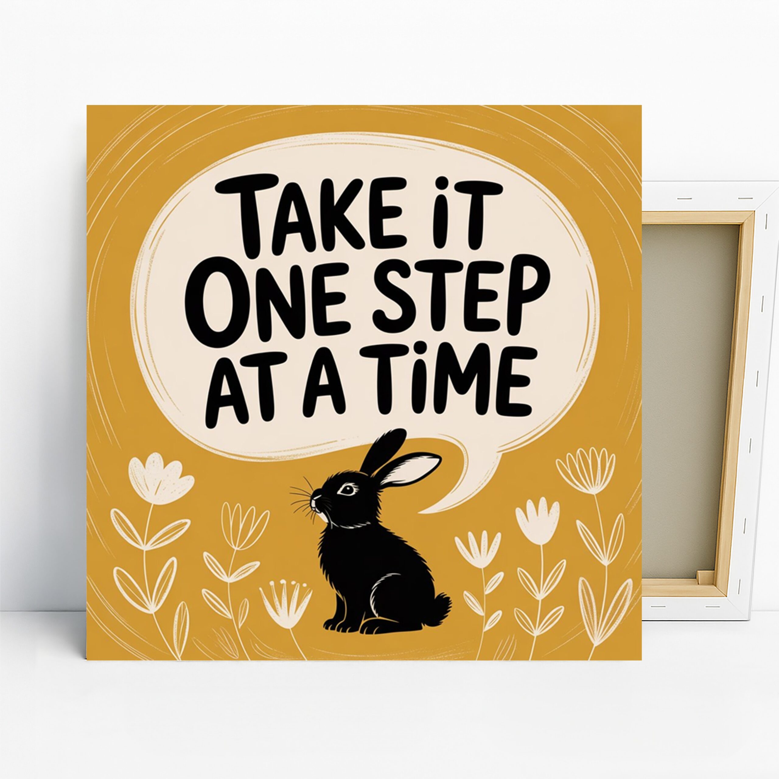 Bunny Art, Canvas or Poster, Whimsical Minimalist Decor, Living Room Office Bedroom Wall Art, Black White Gold Yellow, Home Decor Art