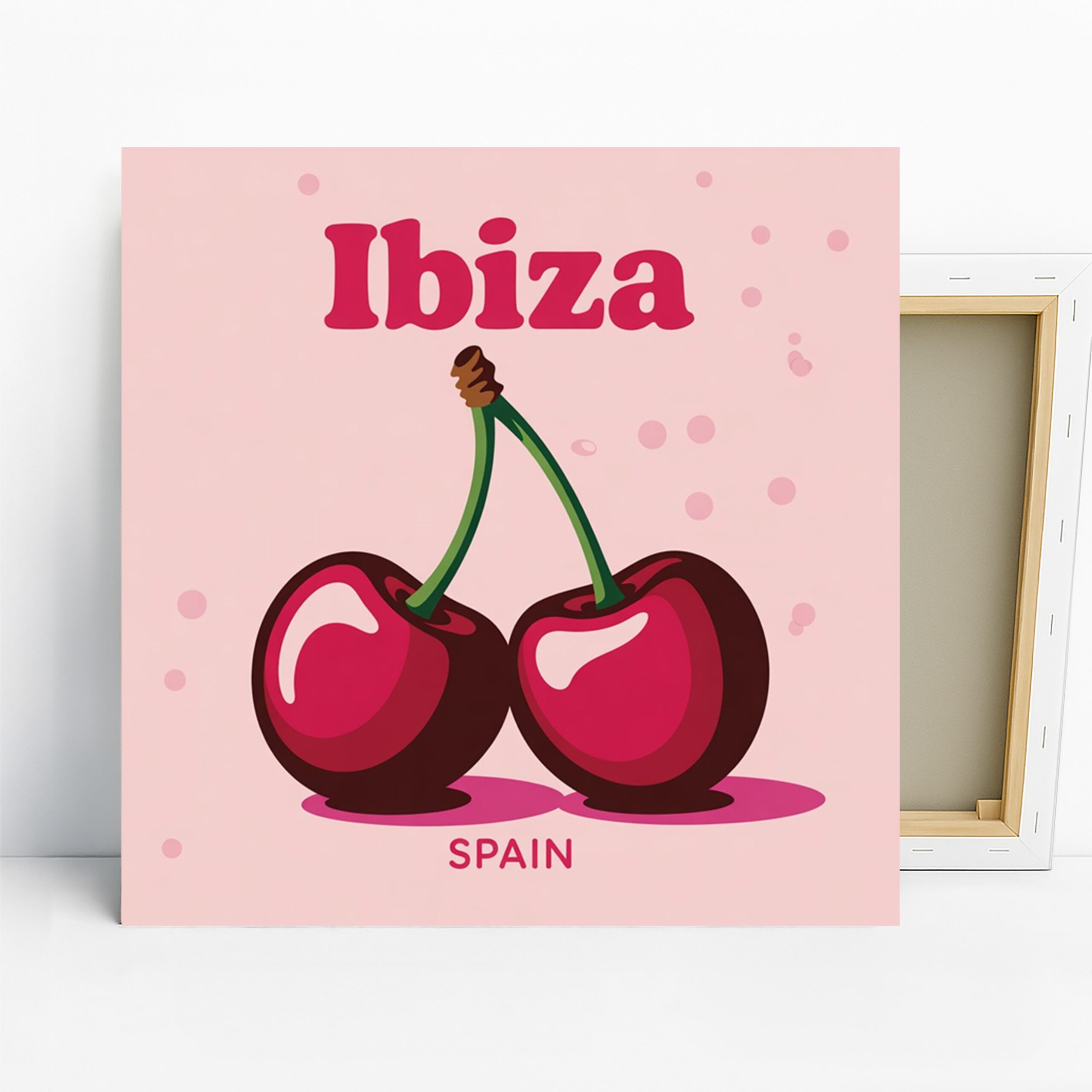 Ibiza Cherry Art, Poster or Canvas, Retro Pop Vintage Decor, Kitchen Dining Living Room Wall Art, Pink Red Green and White