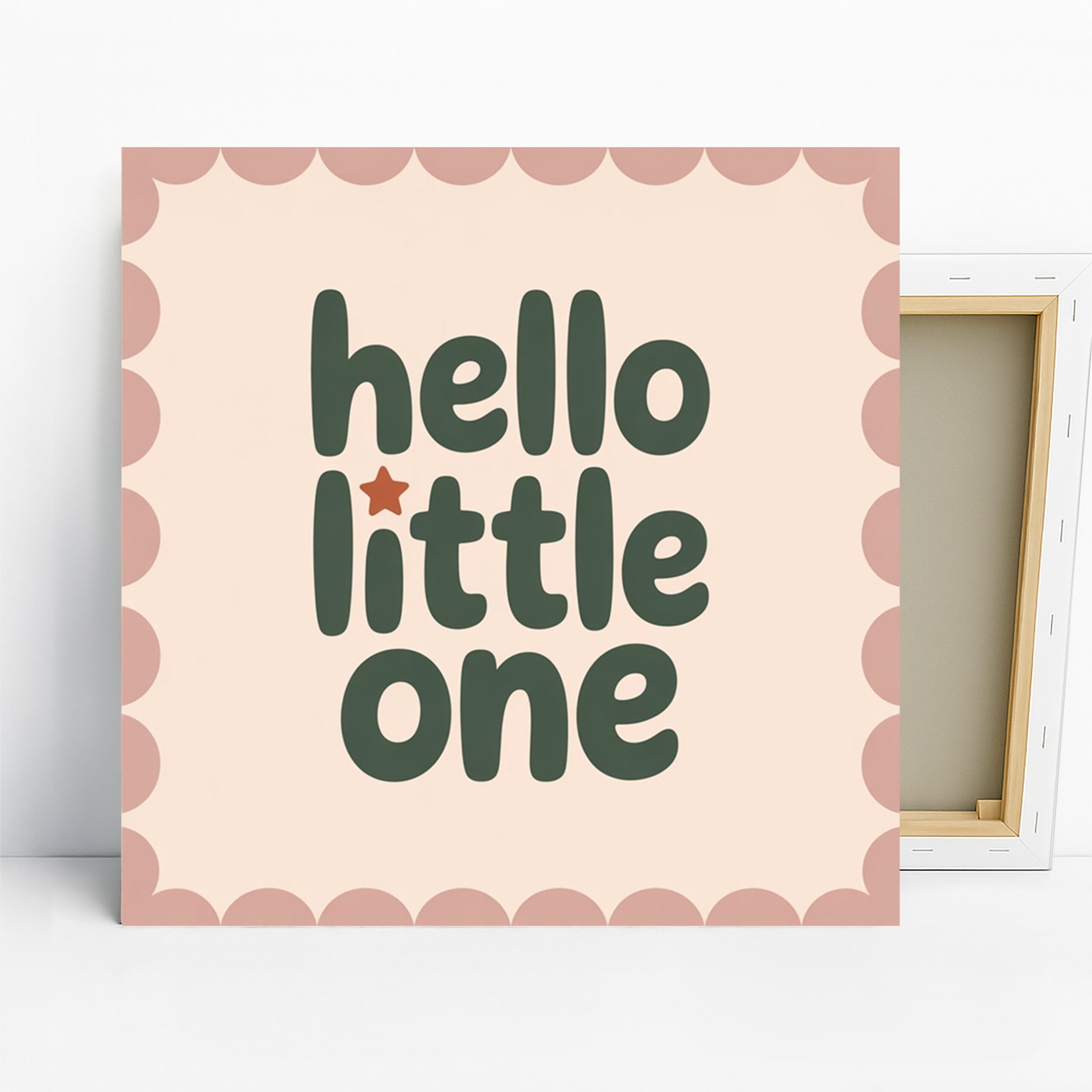 Hello Little One Art, Canvas or Poster, Whimsical Retro Decor, Nursery Children's Room Bedroom Wall Art, Green Pink Beige