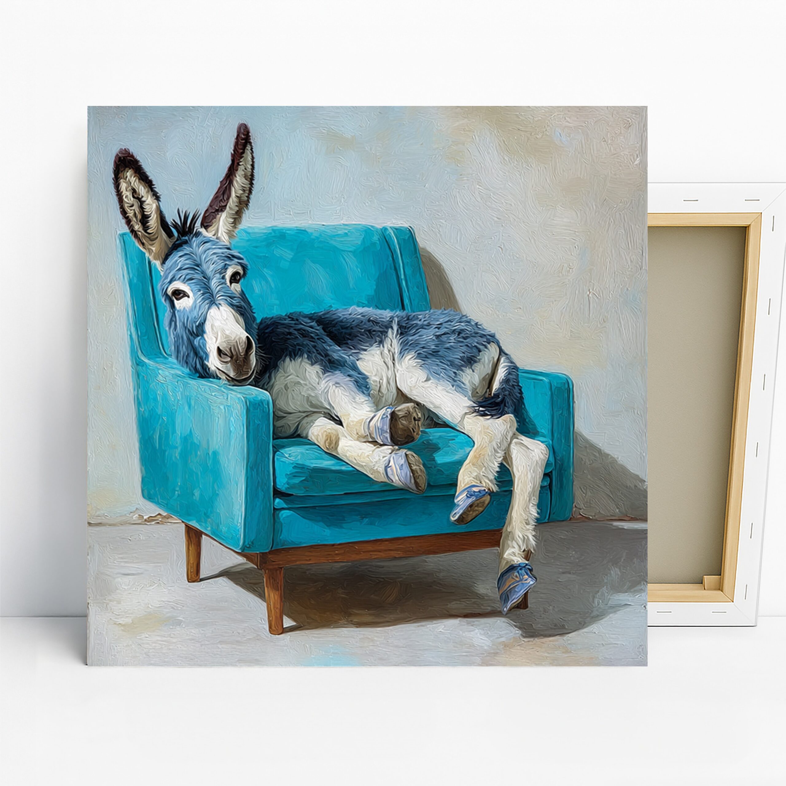 Donkey Art, Canvas or Poster, Whimsical Contemporary Decor, Living Room Bedroom Office Children’s Room Wall Art, Blue White Gray Brown