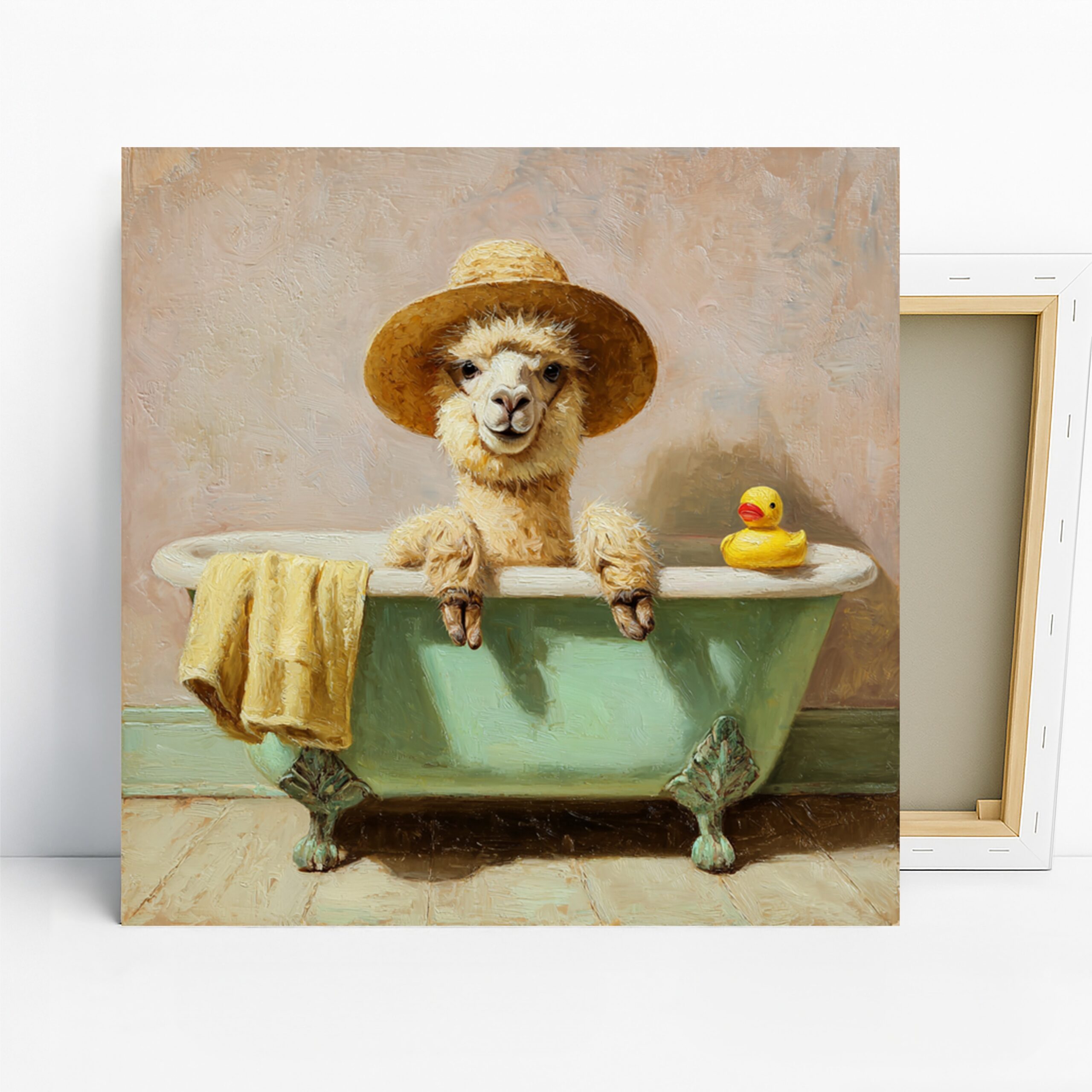 Alpaca Bath Time Art, Canvas or Poster, Whimsical Farmhouse Decor, Bathroom Children’s Room Laundry Wall Art, Green Yellow Brown and White