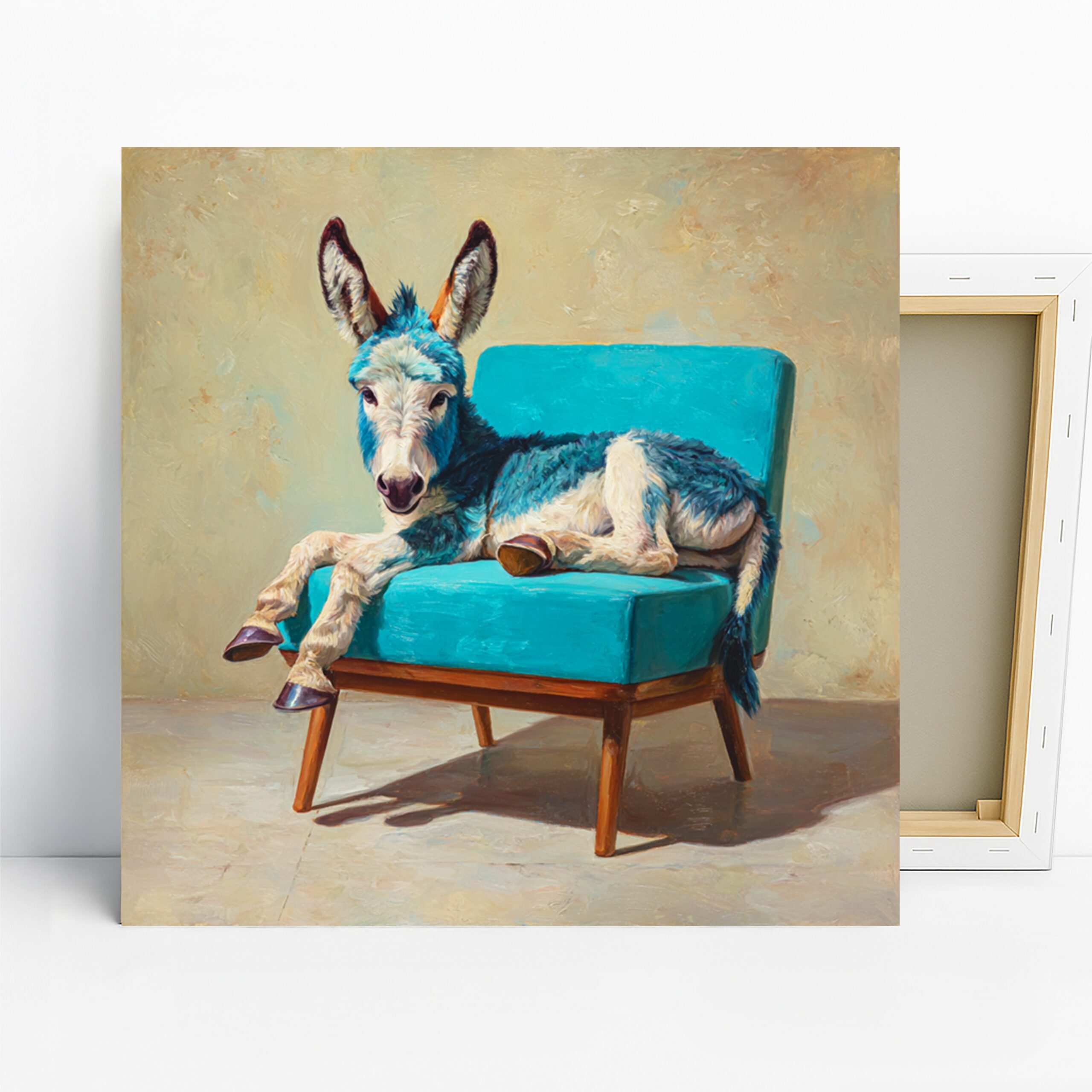 Blue Donkey Art, Canvas or Poster, Whimsical Contemporary Decor, Living Room Bedroom Children’s Room Wall Art, Blue Turquoise White Brown