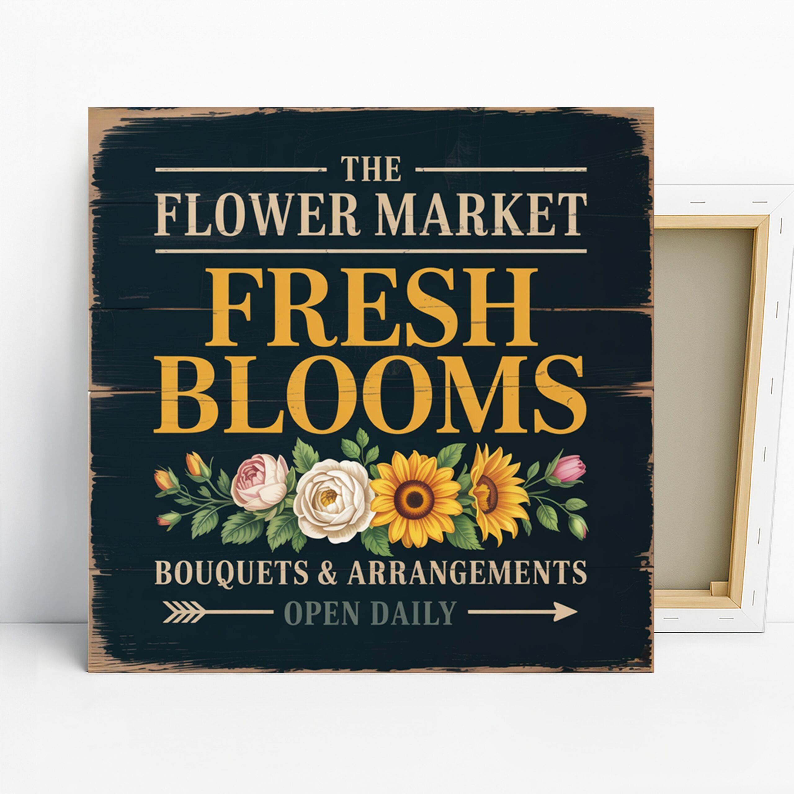 Vintage Flower Market Art, Canvas or Poster, Floral Farmhouse Decor, Kitchen Dining Room Entryway Wall Art, Navy Yellow White Green