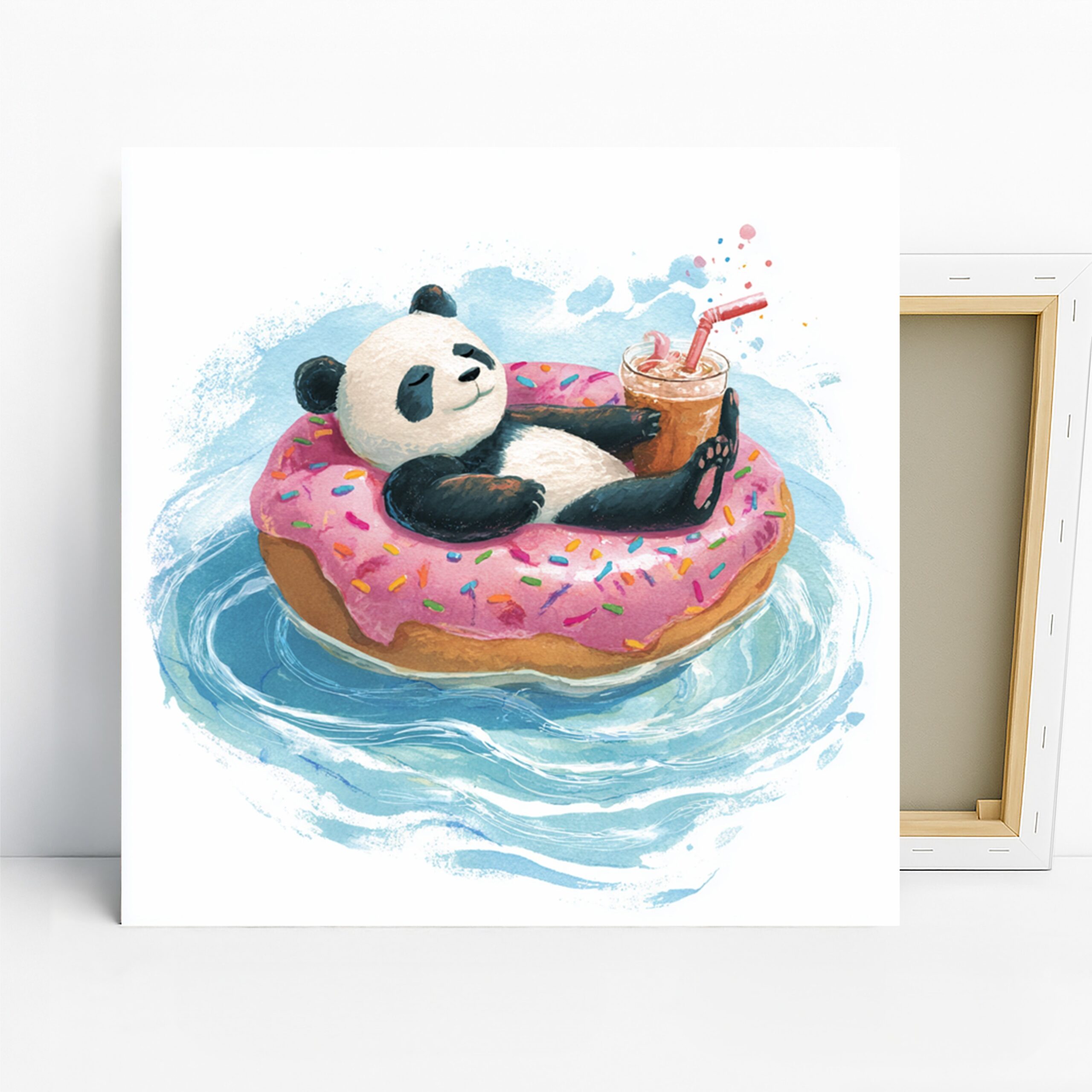 Panda Donut Float Art, Canvas or Poster, Whimsical Coastal Decor, Bedroom Living Room Children’s Room Office Wall Art, Pink Blue Brown White