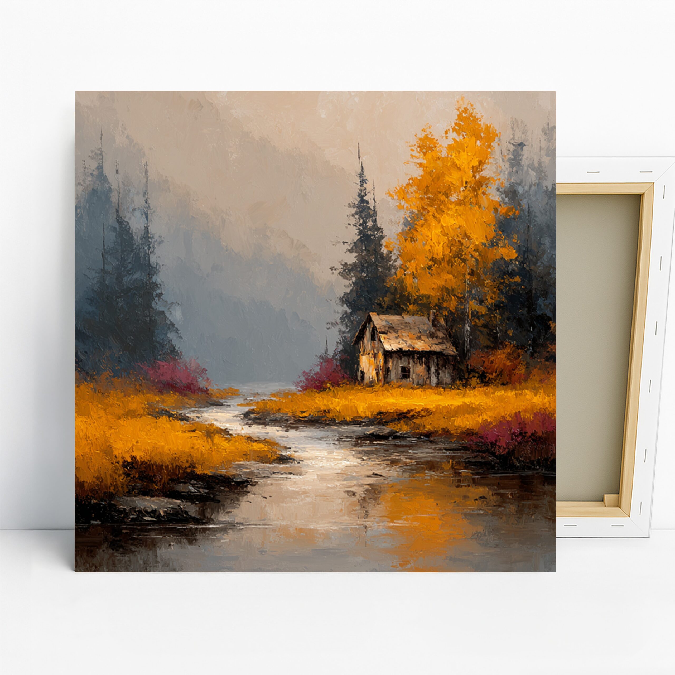 Autumn Cabin Stream Art, Canvas or Poster, Nature Impressionism Rustic Decor, Living Room Bedroom Dining Room Wall Art, Orange Yellow Blue 