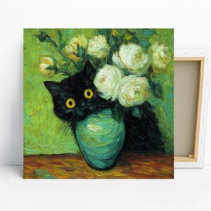 Black Cat and White Roses Art