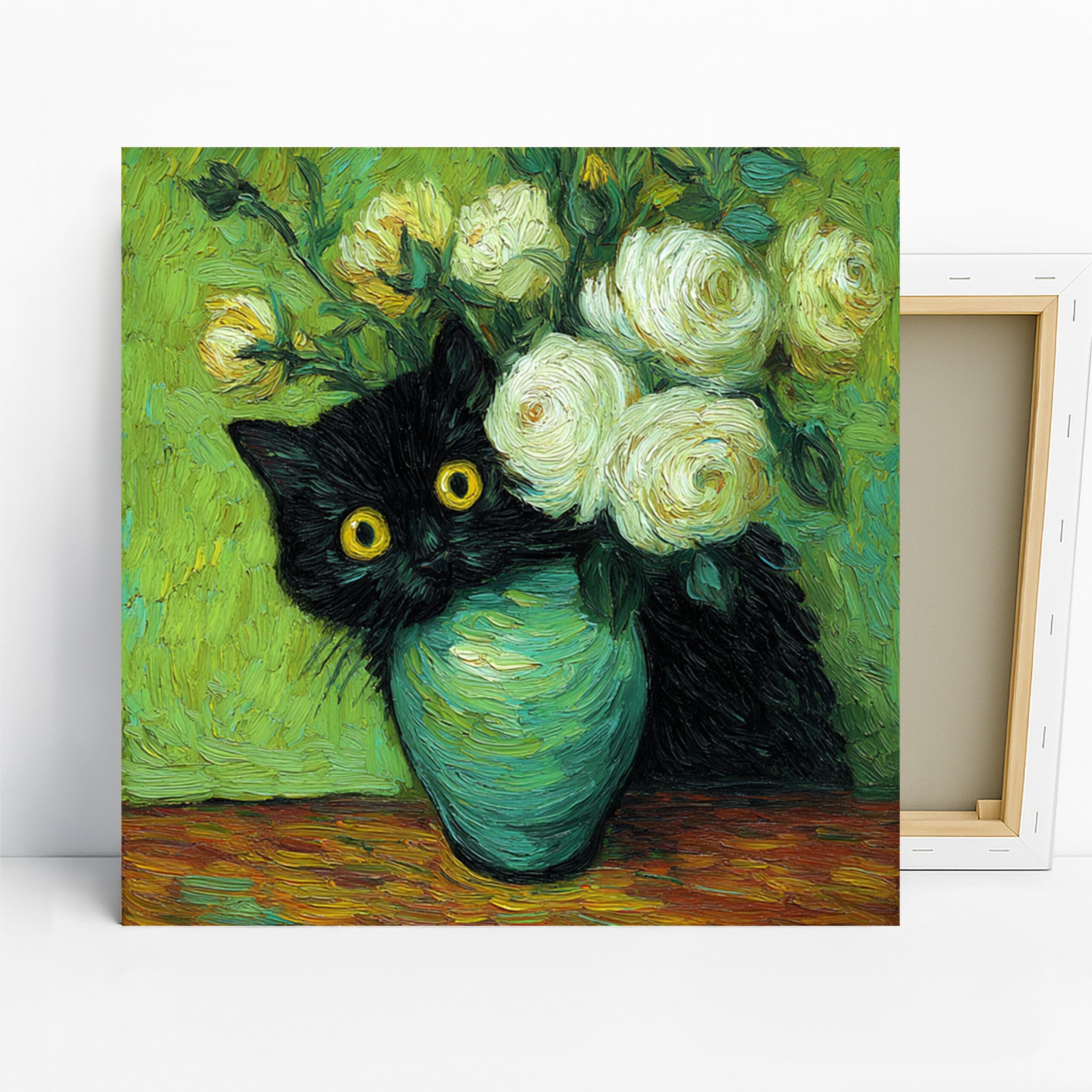 Black Cat and White Roses Art, Canvas or Poster, Impressionism Contemporary Decor, Living Room Bedroom Wall Art, Green Yellow Black White
