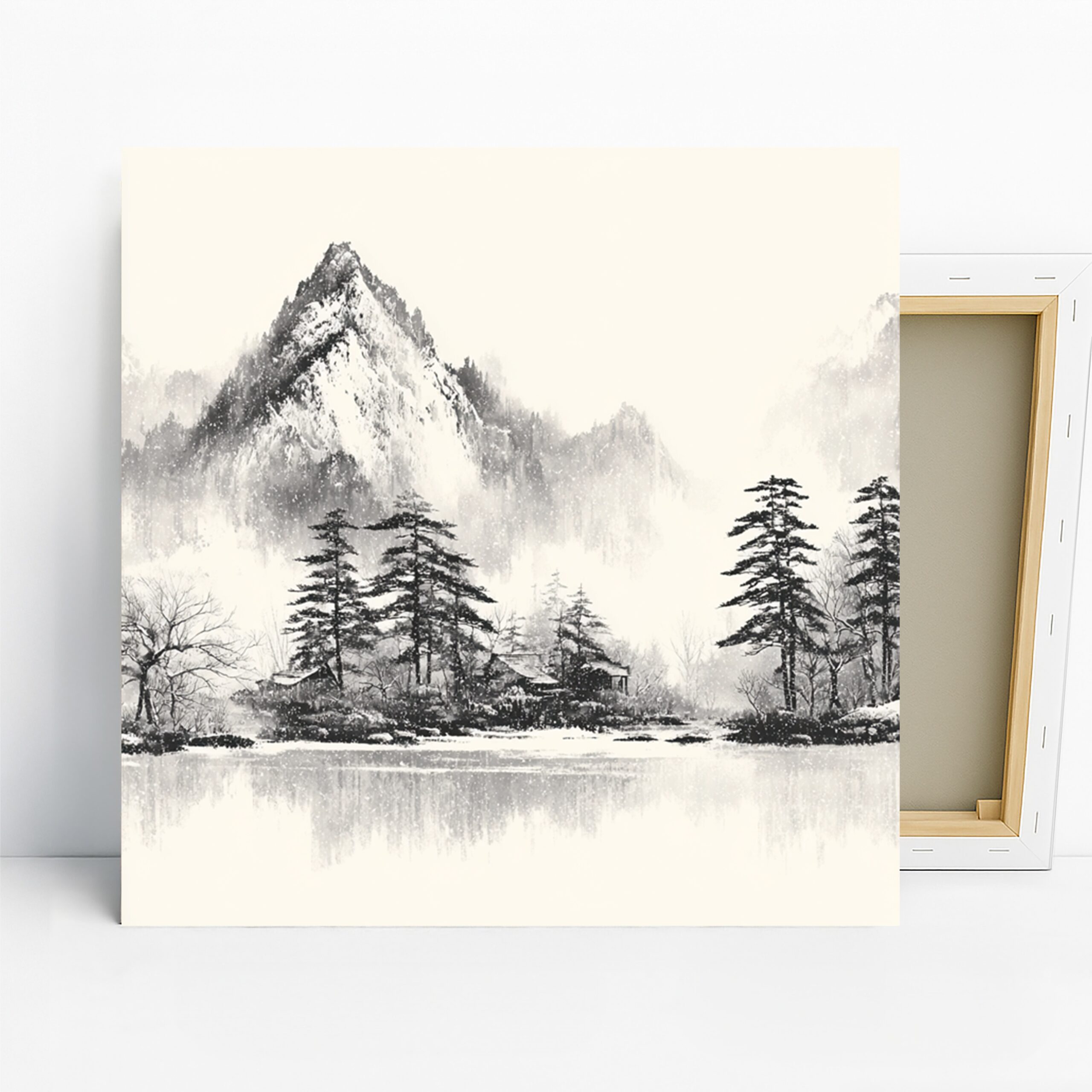 Misty Mountain Reflection Art, Canvas or Poster, Nature Minimalist Decor, Living Room Bedroom Office Bathroom Wall Art, Black White Grey