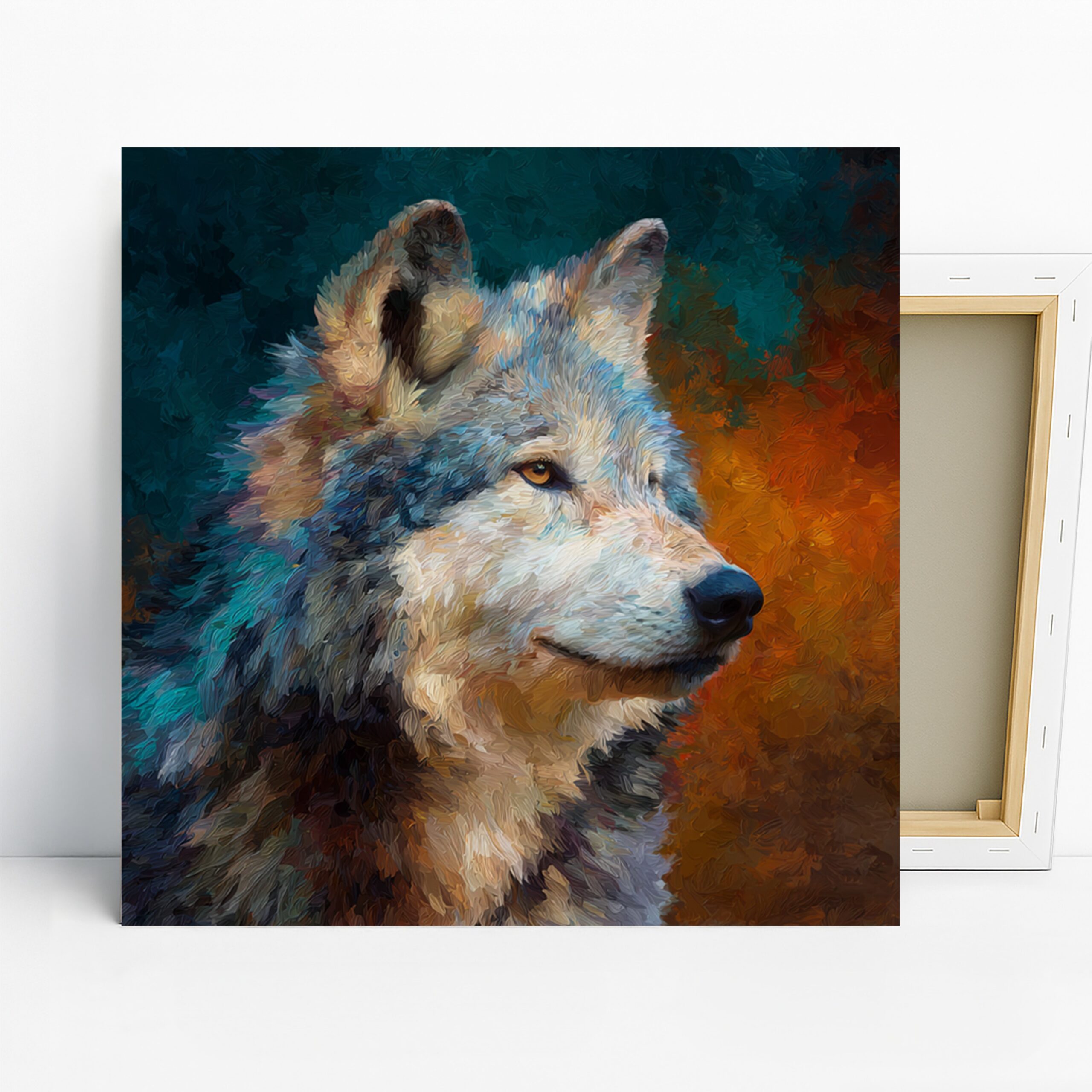 Wolf Art, Canvas or Poster, Contemporary Rustic Bohemian Decor, Living Room Bedroom Office Game Room Wall Art, Blue Orange Brown