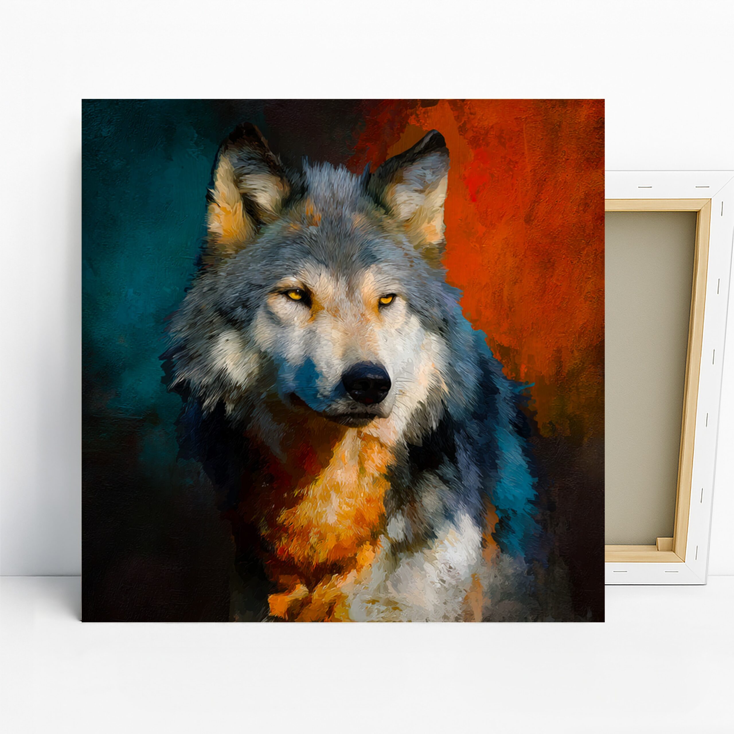 Wolf Portrait Art, Canvas or Poster, Contemporary Nature Decor, Living Room Office Bedroom Game Room Wall Art, Gray Orange Blue White