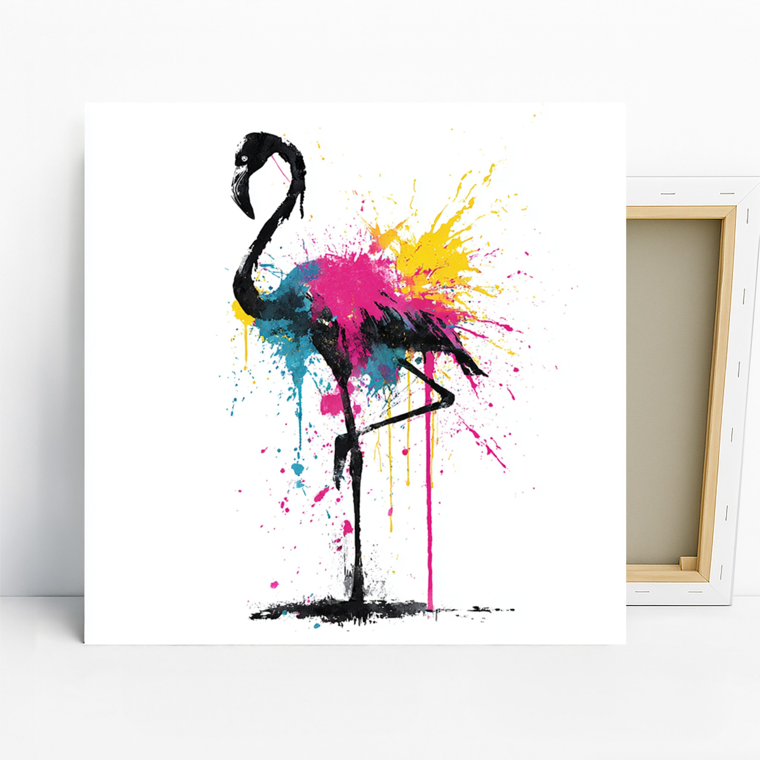 Flamingo Art, Canvas or Poster, Abstract Modern Decor, Living Room Bedroom Bathroom Wall Art, Pink Yellow Blue and Black