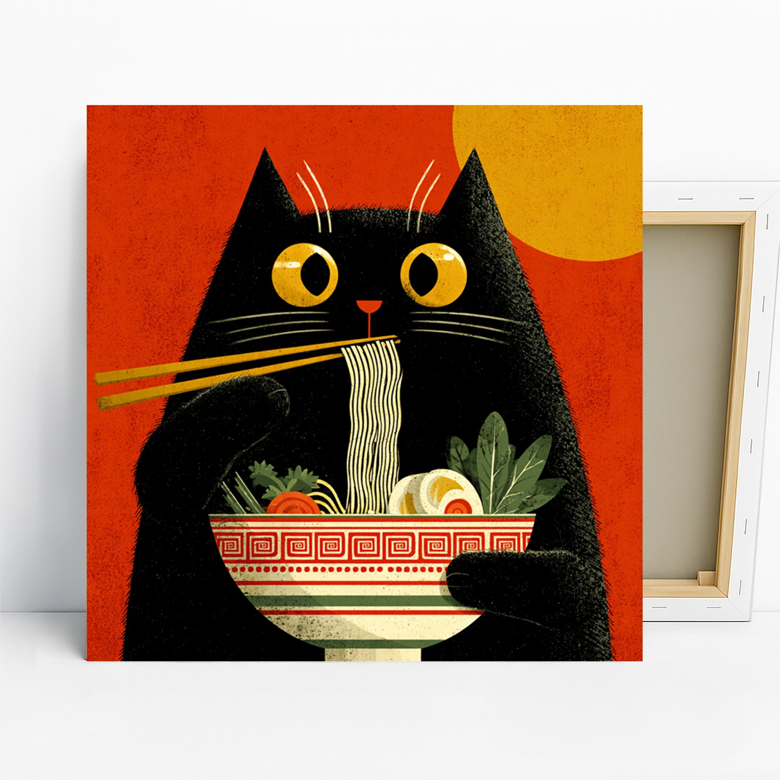 Cat Noodle Art, Canvas or Poster, Whimsical Pop Art Decor, Kitchen Dining Room Living Room Office Wall Art, Black Yellow Red Green