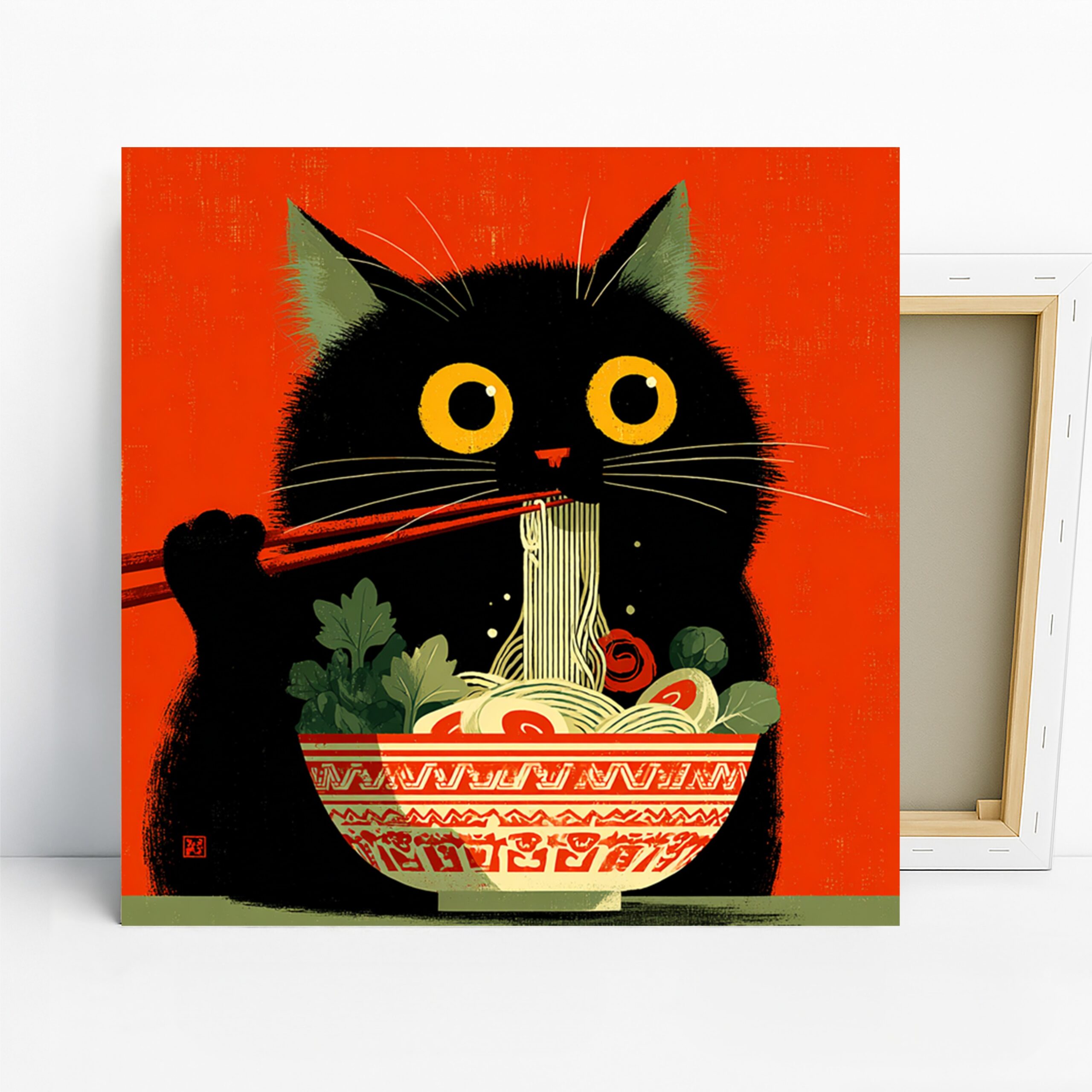 Cat Noodle Bowl Art, Canvas or Poster, Whimsical Pop Art Decor, Kitchen Dining Room Living Room Office Wall Art, Black Red Yellow Green