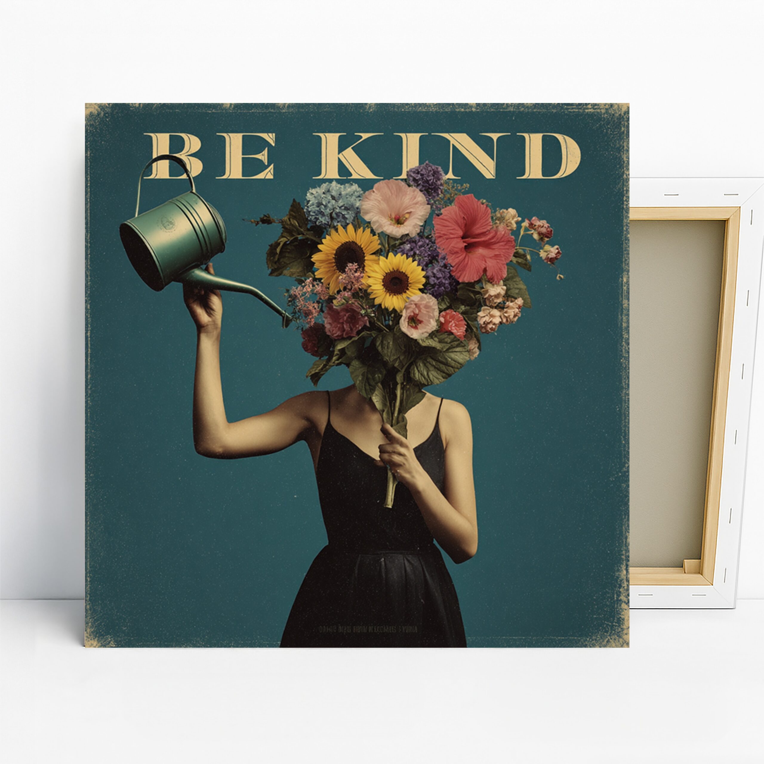 Be Kind Floral Art, Canvas or Poster, Vintage Conceptual Decor, Living Room Bedroom Office Wall Art, Green Pink Yellow Blue, Home Decor