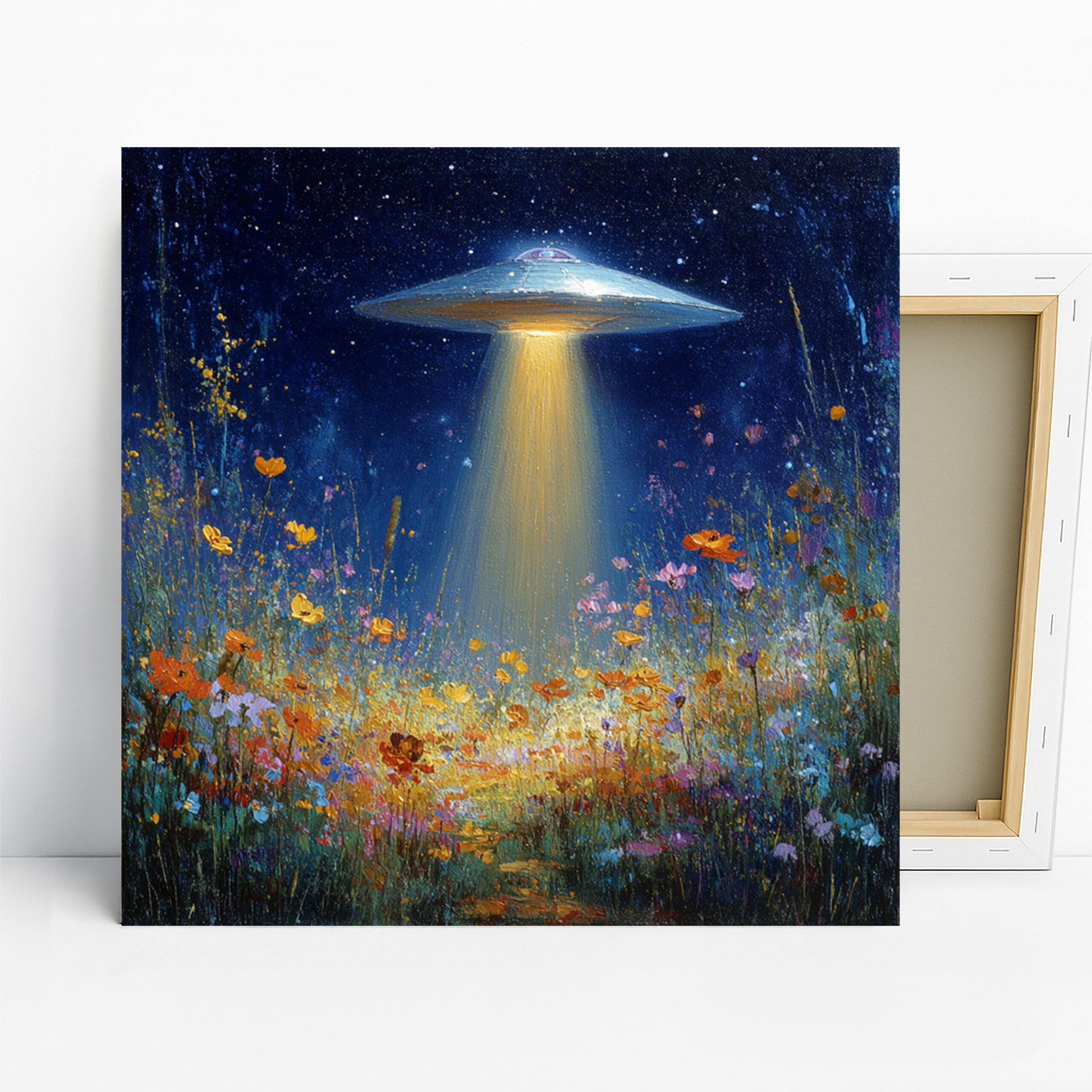 UFO Flower Field Art, Canvas or Poster, Surrealism Modern Decor, Living Room Bedroom Office Wall Art, Blue Yellow Orange Green