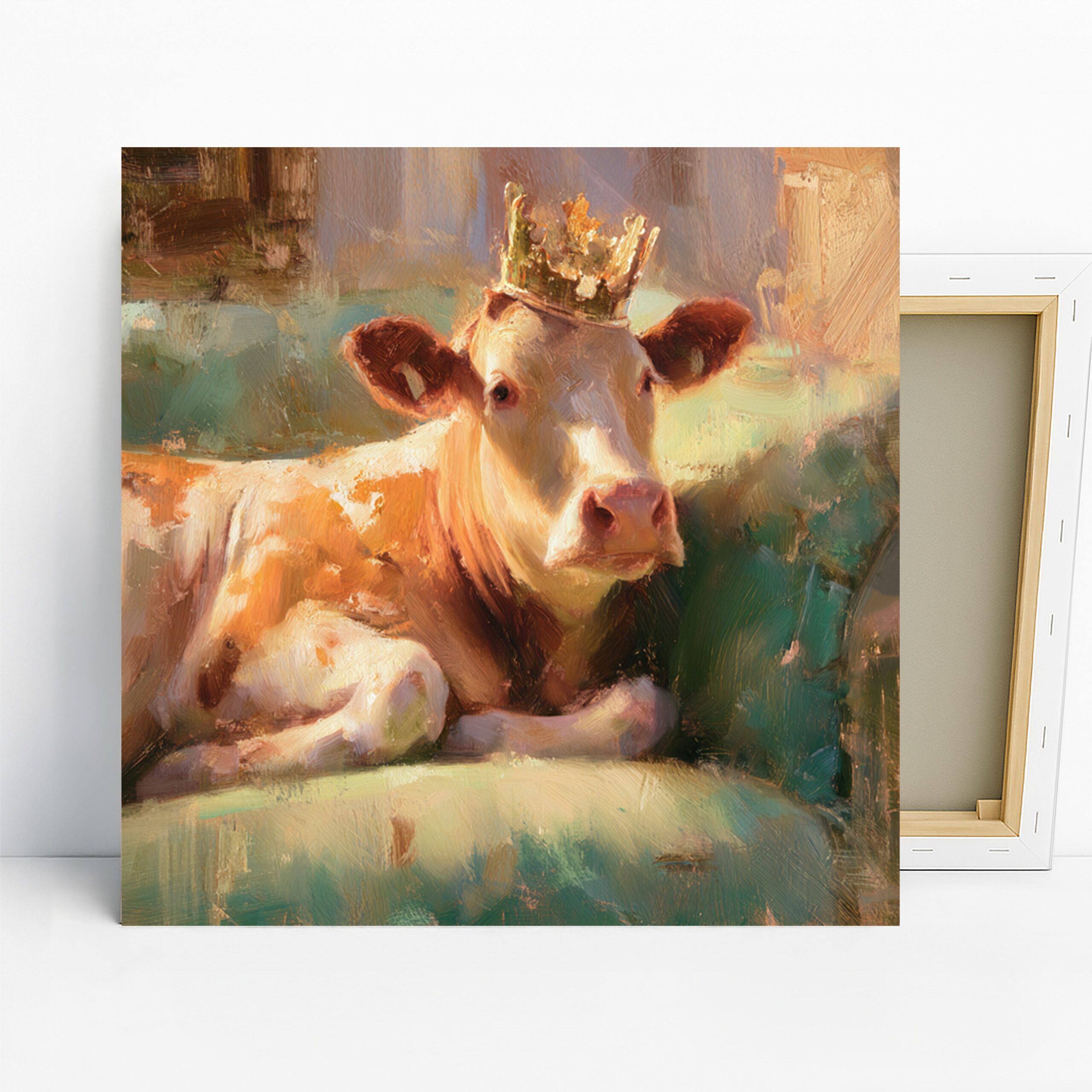 Cow Art, Canvas or Poster, Whimsical Rustic Farmhouse Decor, Kitchen Dining Living Room Bedroom Wall Art, Brown White Gold Green