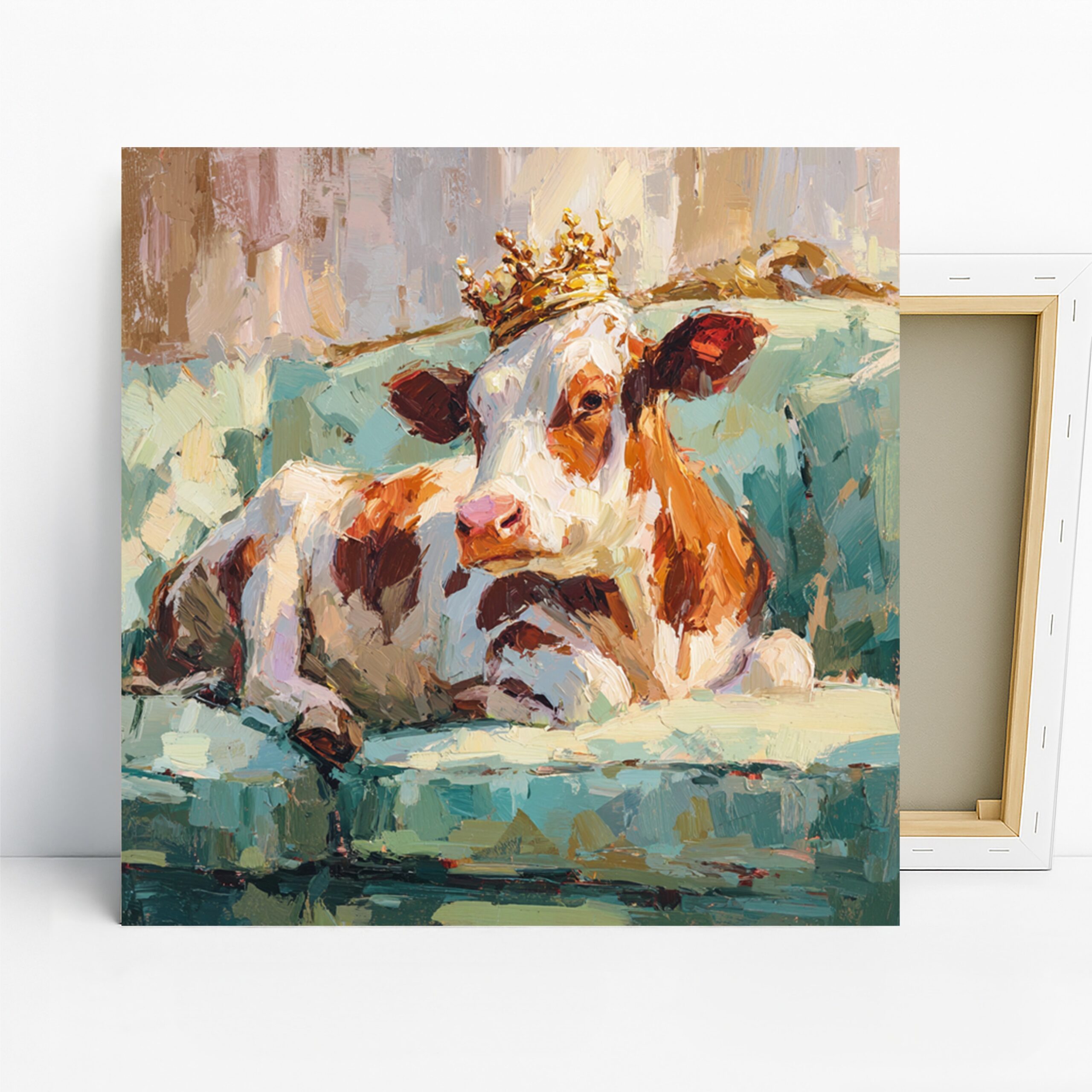 Cow Art, Canvas or Poster, Whimsical Contemporary Farmhouse Decor, Living Room Bedroom Dining Room Wall Art, White Brown Gold Blue