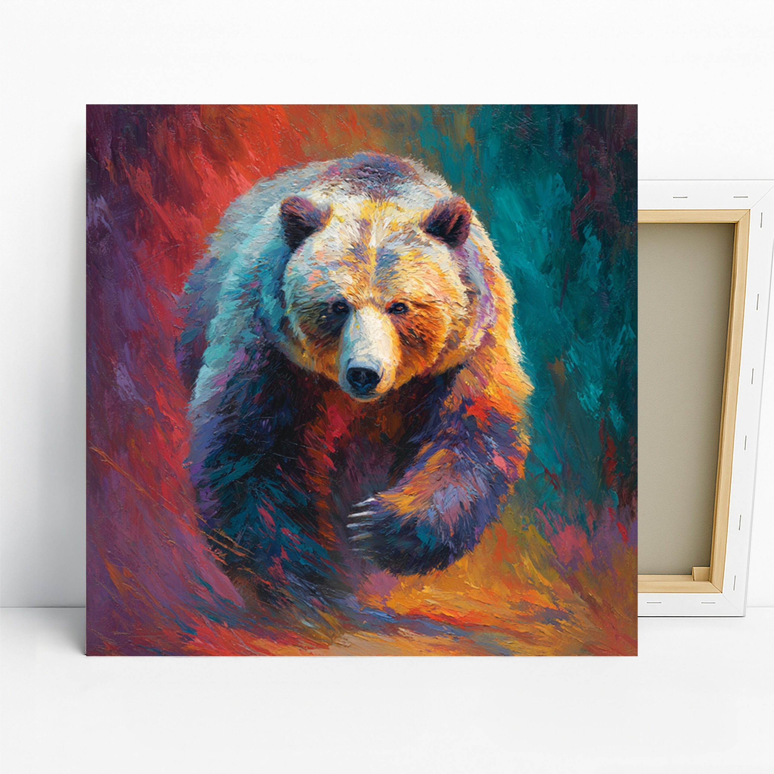 Bear Art, Canvas or Poster, Contemporary Nature Decor, Living Room Office Bedroom Dining Room Wall Art, Brown Orange Teal Red