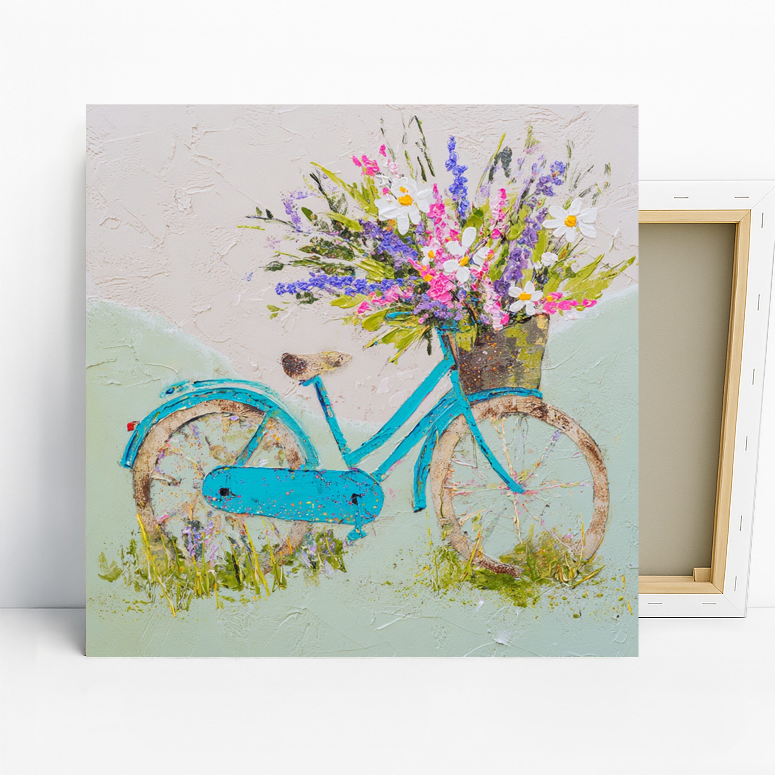 Bicycle Flower Basket Art, Canvas or Poster, Whimsical Vintage Farmhouse Decor, Living Room Bedroom Entryway Wall Art,Blue Pink Purple White
