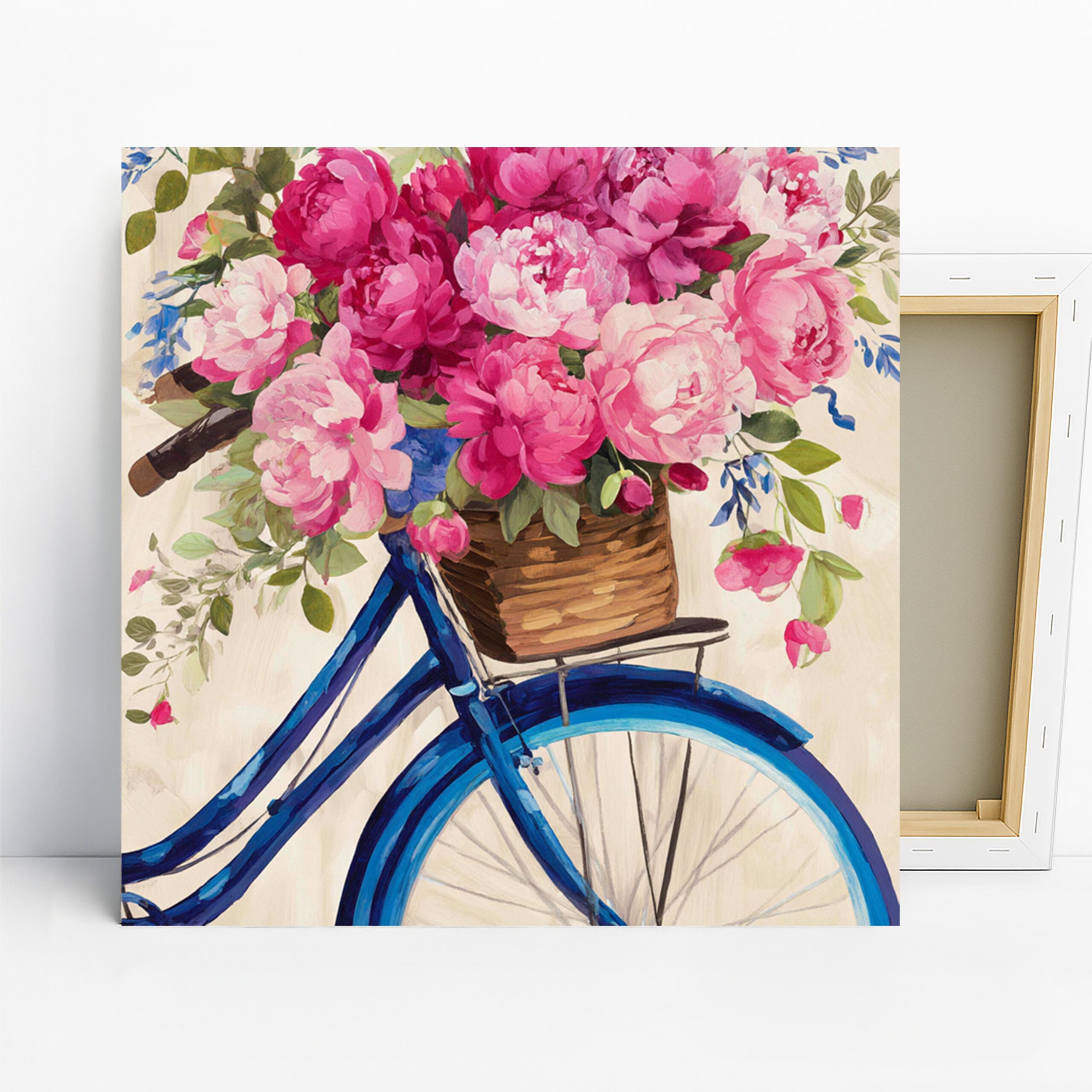 Bicycle Flower Basket Art, Canvas or Poster, Floral Vintage Rustic Decor, Living Room Bedroom Entryway Wall Art, Pink Blue Green Brown