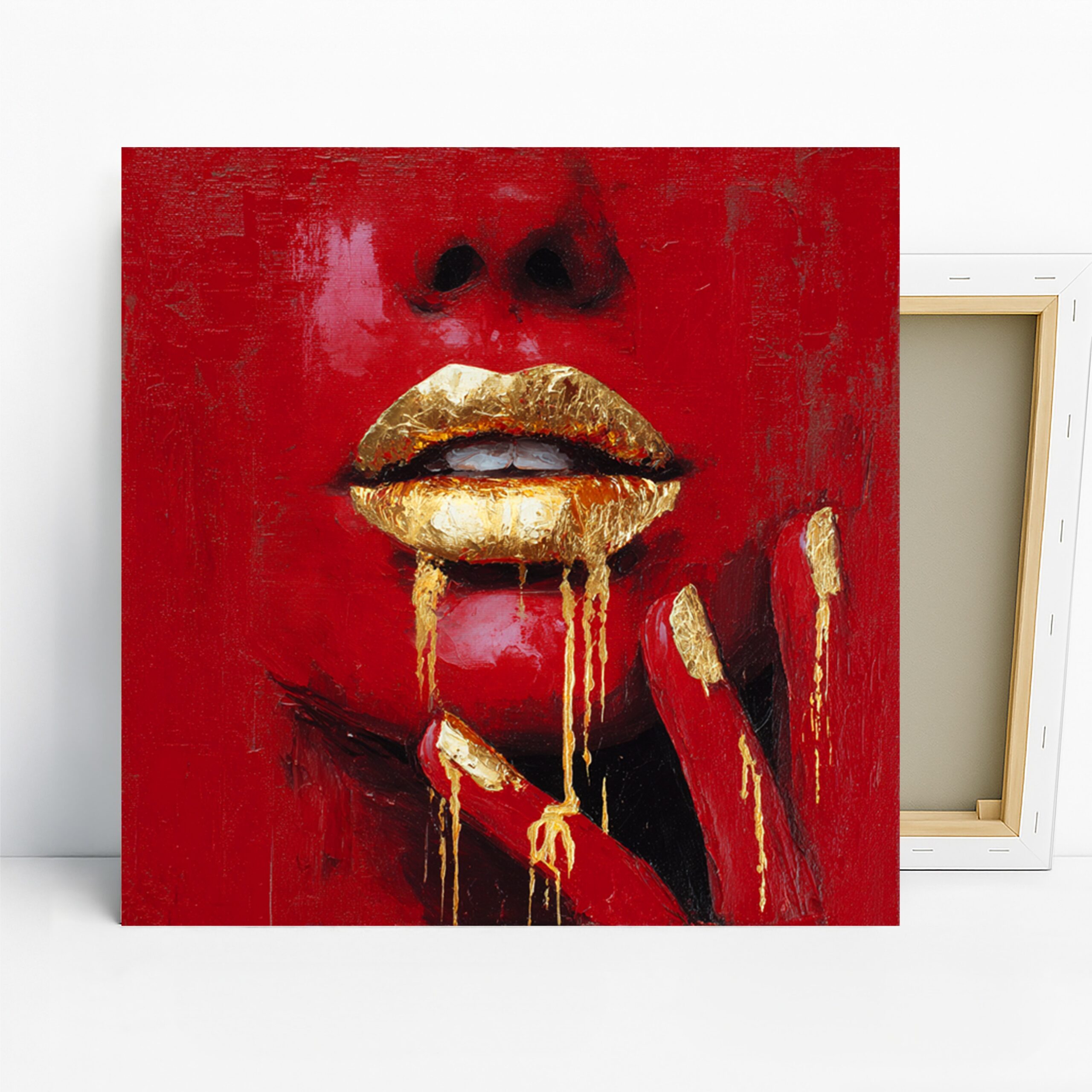 Golden Lips Art, Canvas or Poster, Pop Art Glam Modern Decor, Living Room Bedroom Dining Room Office Wall Art, Red Gold Black