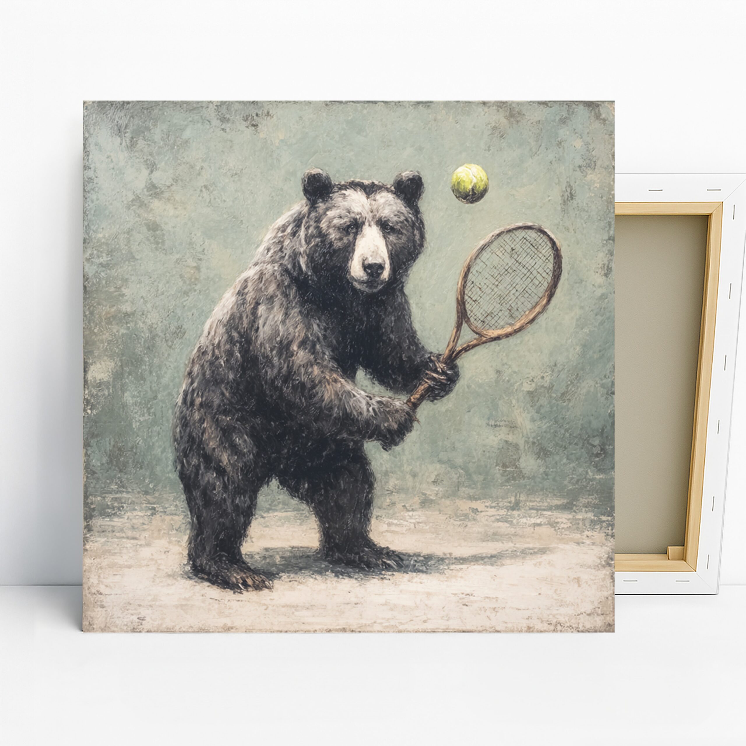 Bear Tennis Art, Canvas or Poster, Whimsical Contemporary Decor, Living Room Game Room Office Children’s Room Wall Art, Brown Gray Yellow 